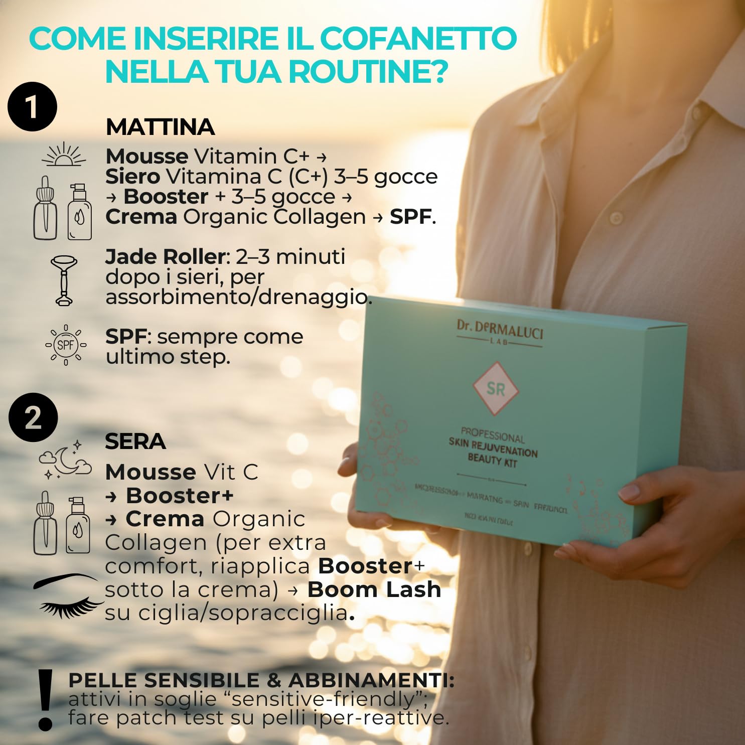Dr. Dermaluci Lab - Cofanetto Regalo Donna/Uomo Compleanno BIO 460ml - Antirughe, Idratante - Mousse + Siero Vitamina C + Booster + Crema Collagene + Rullo Giada + Siero Ciglia - Made in Italy
