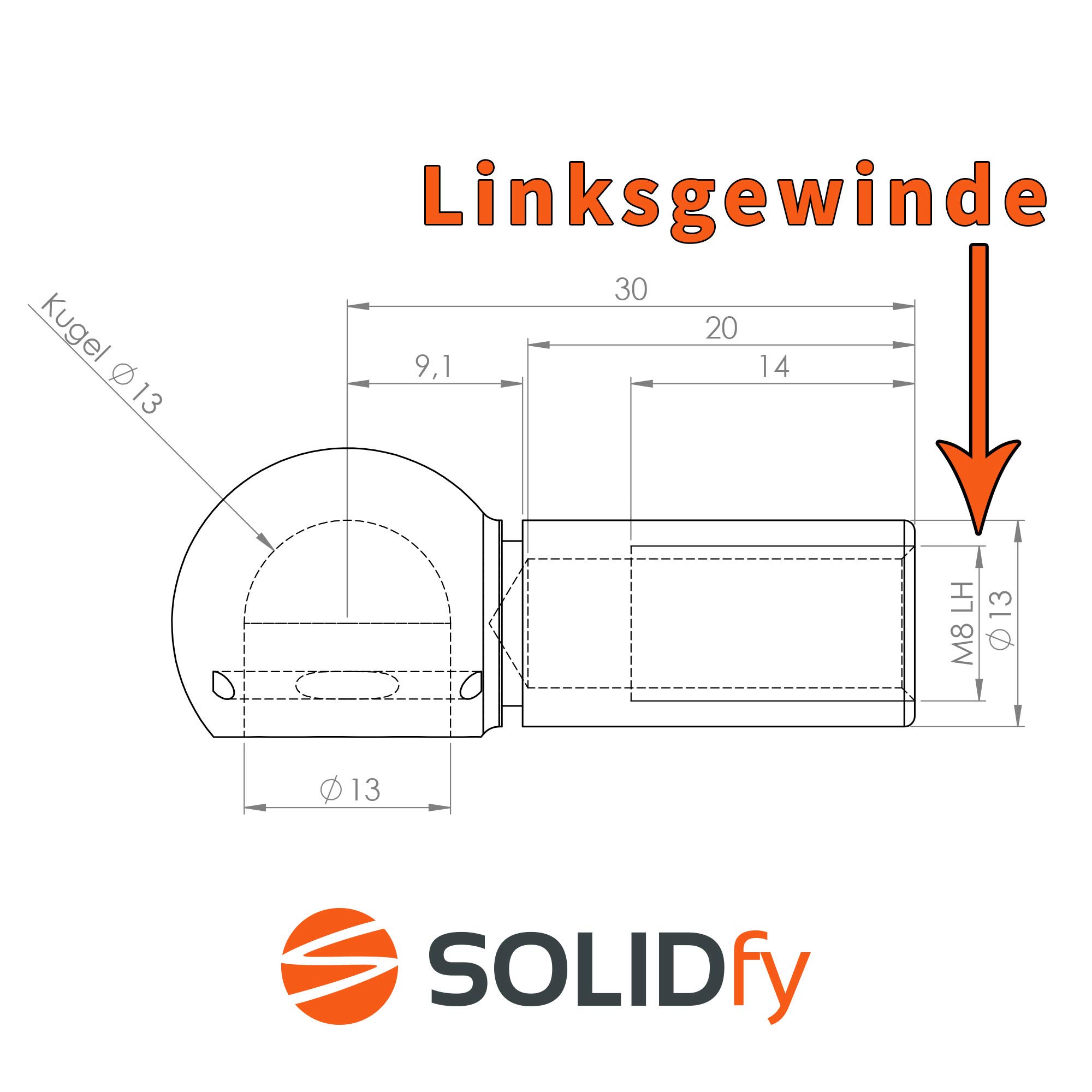 SOLIDfy 2 x Ball Pan B13 M8 LH Left Thread DIN 71805 + Safety Bracket Form B Galvanised 13 mm - Image 2