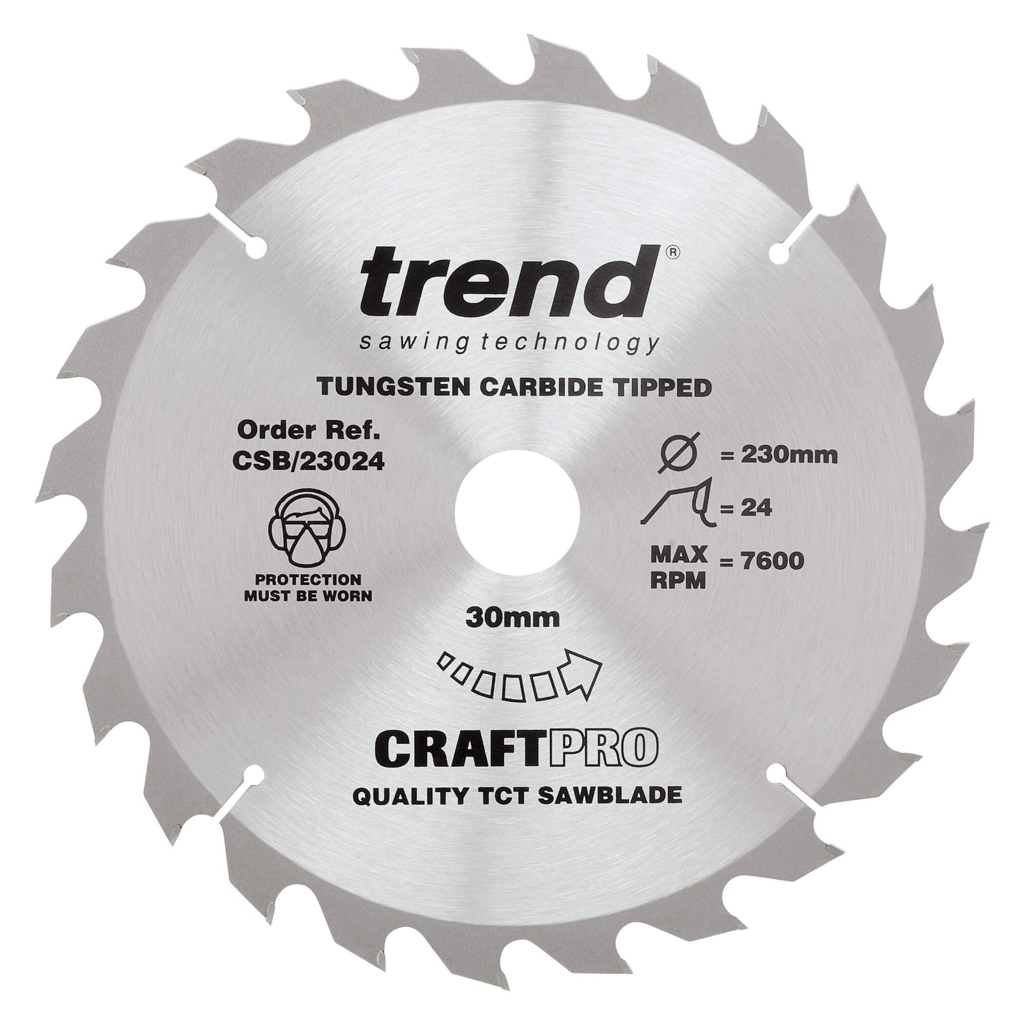 Trend Wood Circular Saw Blade, 230mm Diameter, 30mm Bore, 24 Teeth, 2.5mm Kerf, +15° Hook, TCT, Coarse Finish, CSB/23024