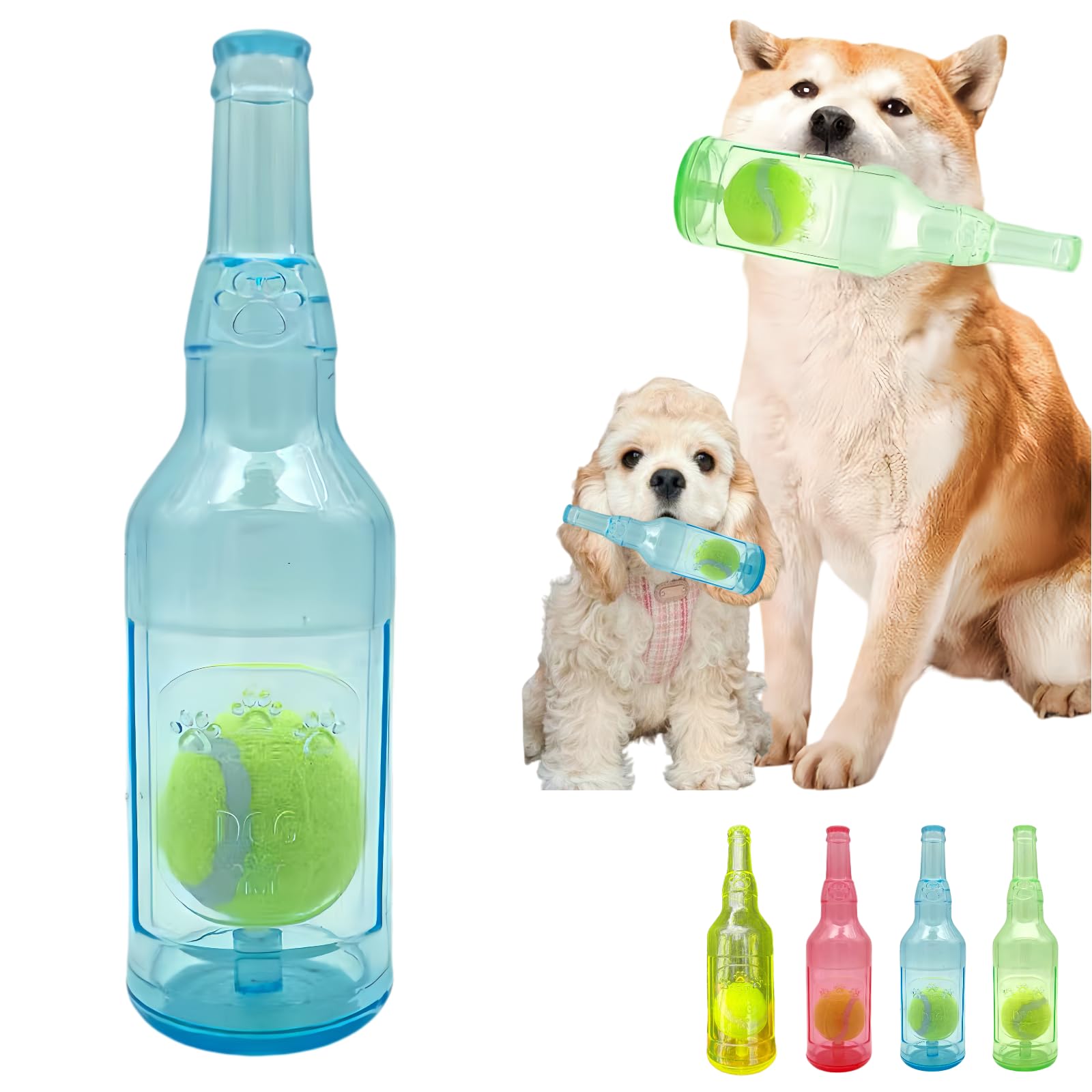 Jatmira Cute Tough Dog Toy Rubber Bottle Squeaky Dogs Chew Toy Long Lasting Interactive Fetch Toy for Teething Tennis Ball Included (Blue, Large)
