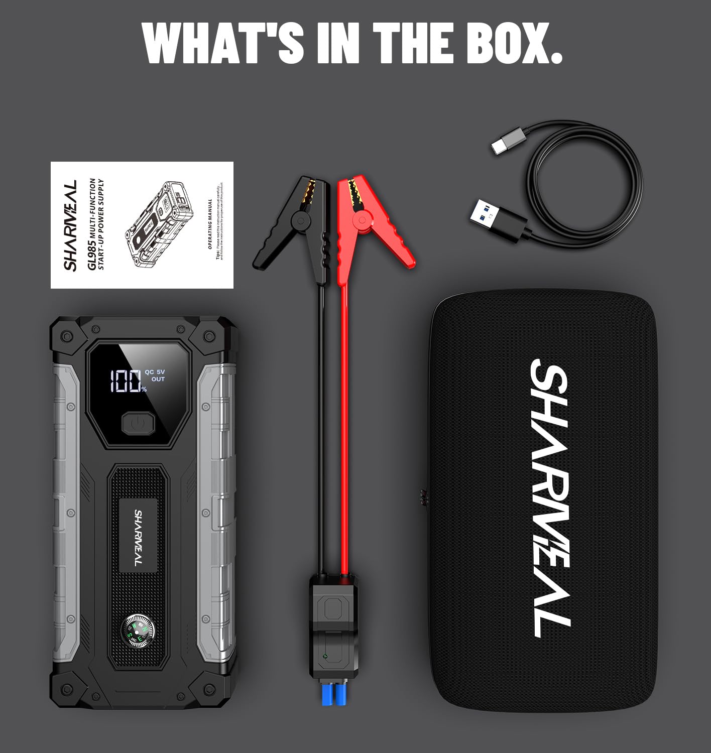 SHARMEAL 10000A Starthilfe Powerbank für Pkw, 12V Auto Starthilfe Powerbank (für alle Benziner oder bis zu 10,0 L Diesel), Booster Auto Starthilfe mit LCD Bildschirm und LED Taschenlampe