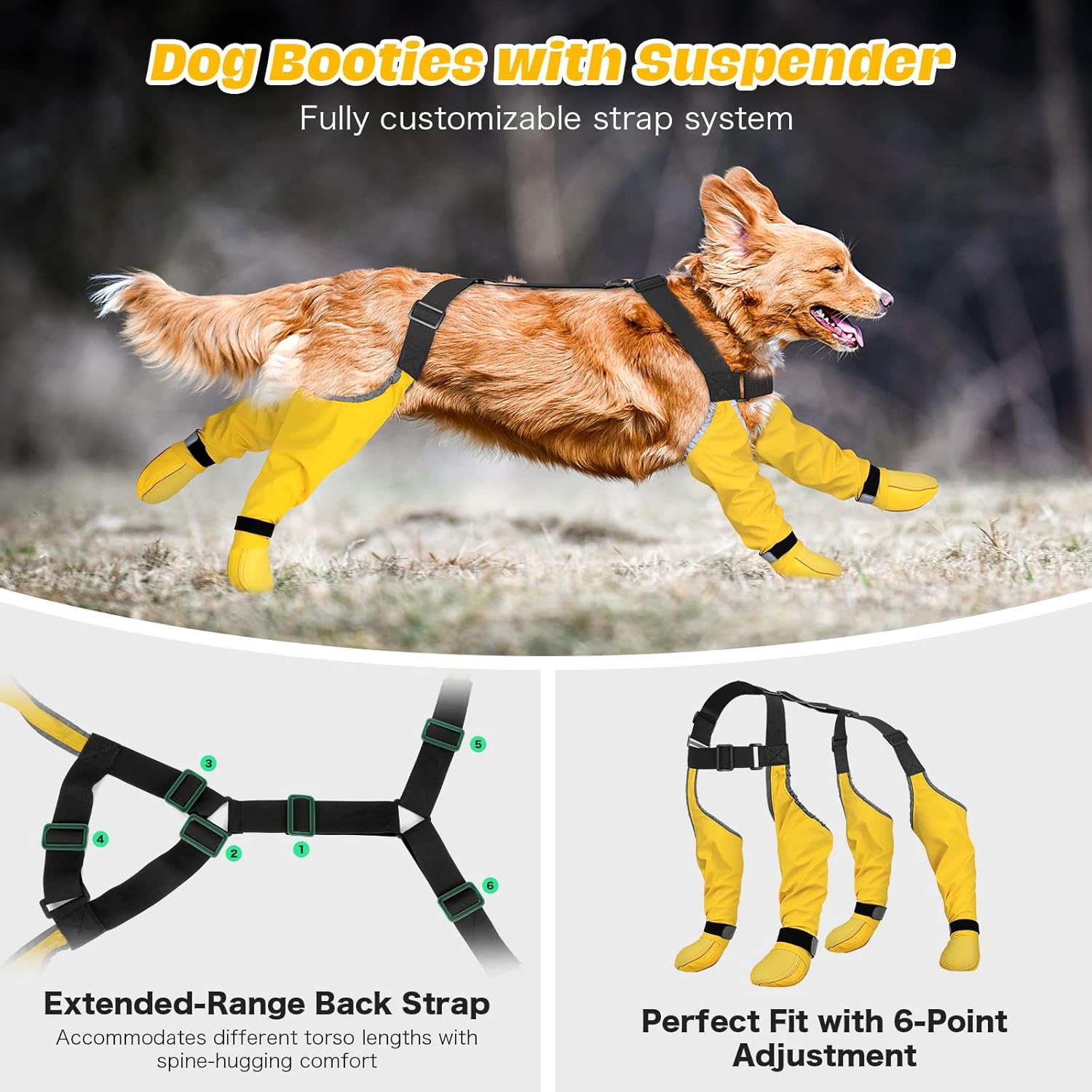 BiPawTi Dog Suspender Boots, Anti-Dust/Anti-Slip Dog Boots for Outdoor, 6-Point Adjustable Suspender Pants for Hardwood Floors/Snow Walks, 360° Reflective Paw Protectors Legging Shoes (XL)