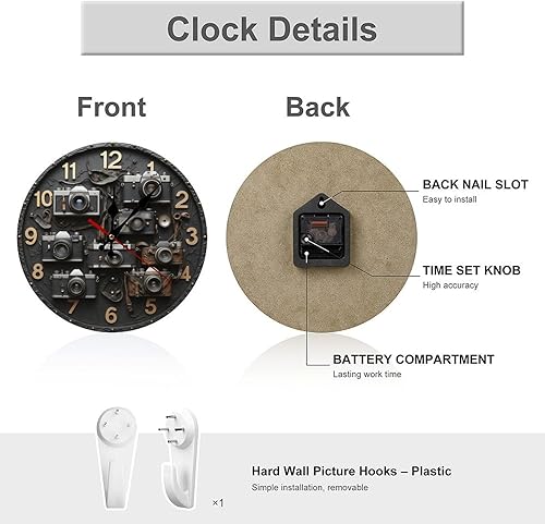 Miniatura 3 de Relojes retro con impresión de cámara para sala de estar, relojes de pared con pilas, silenciosos, sin tictac, 10 pulgadas, impresión 2D, reloj de