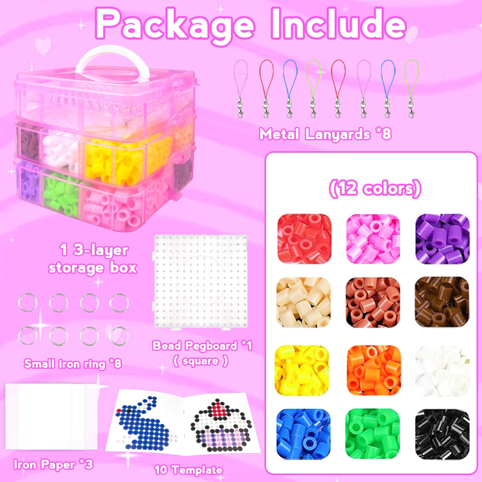 1000 Pezzi XL Perline da Stirare 10MM,Perline a Fusione con Custodia- 12 Colori, Pegboard, Guida Utente, Design gioielli, Decorazioni, Creativo Regali Compleanno Natalizio Fai-da-Te per Bambini