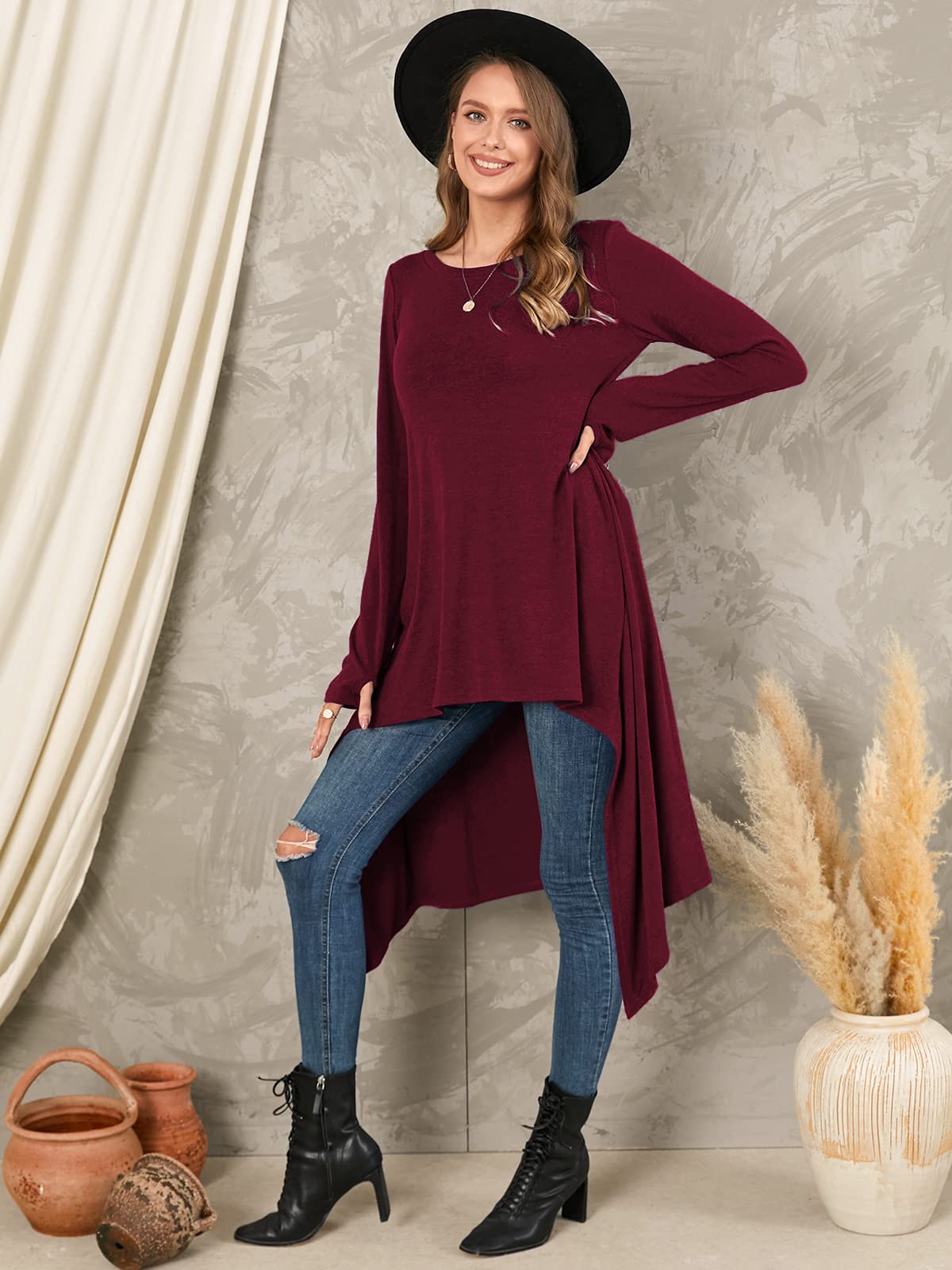 ZANZEA Femme Robe Pull en Maille Oversize HiverTunique Longue Grande Taille Robe Sweat Asymetrique 01-Bordeau M