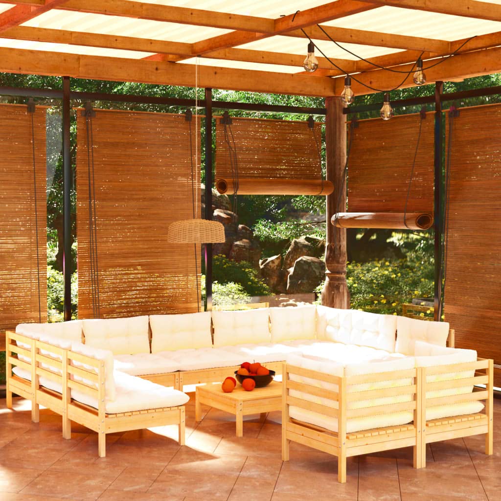 Ensemble de meubles de jardin, 12 pièces, avec coussin crème, en pin massif, pour jardin, terrasse, extérieur, balcon