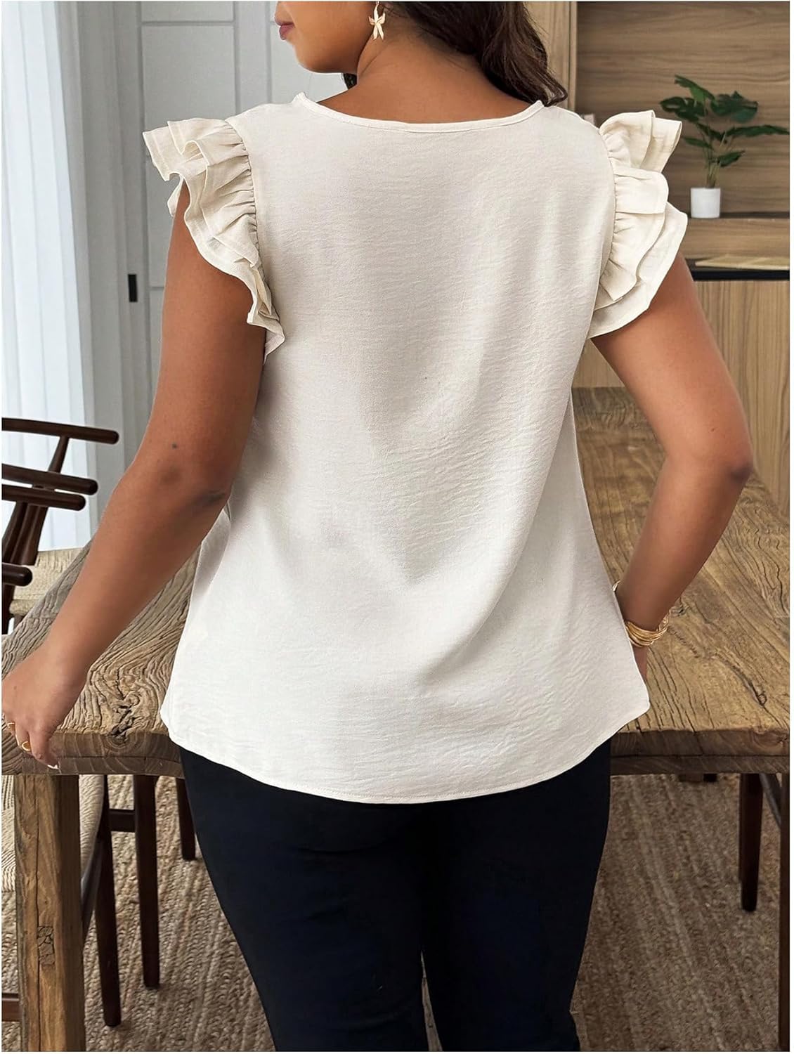 Floerns Women's Plus Size Tie Front Blouses Top Ruched Ruffle Cap Sleeve Crew Neck Shirts - Image 3