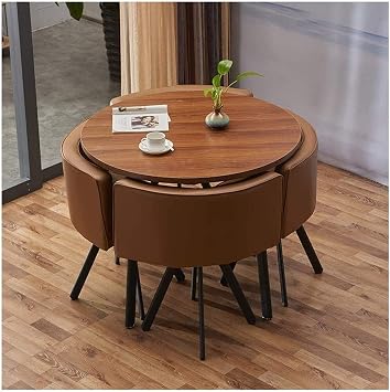 Office Reception Conference Room Coffee Table Set, Dining Table and Chair Combination Office Reception Table 5-Piece Kitchen Table Set Vintage Leather Chair Solid Wood 90cm  Color Round Table Brown