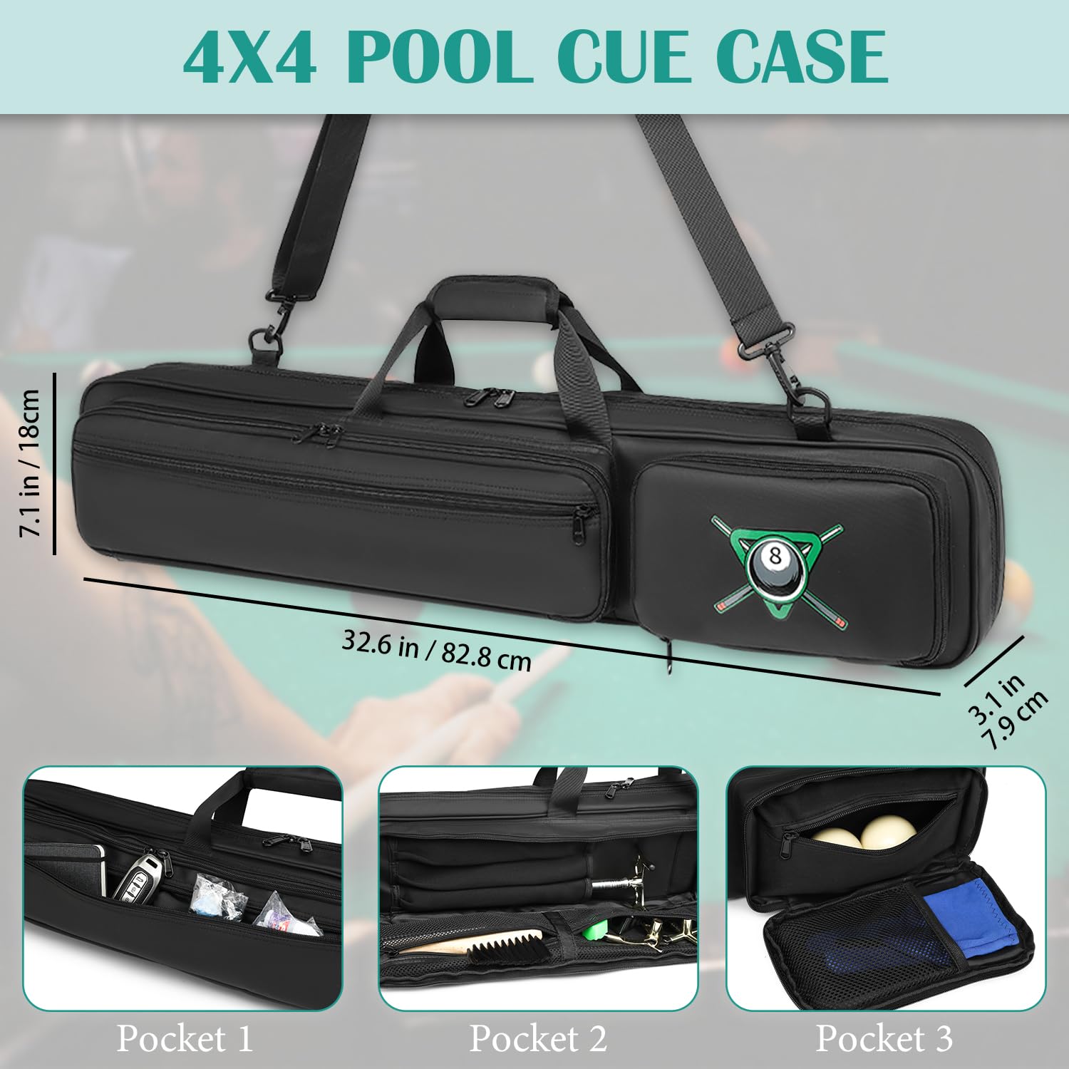 FRETHIND 4 X 4 stecche da biliardo borsa impermeabile Pool Cue Case per 4 parti inferiori e 4 stecche morbida piscina stick per il trasporto