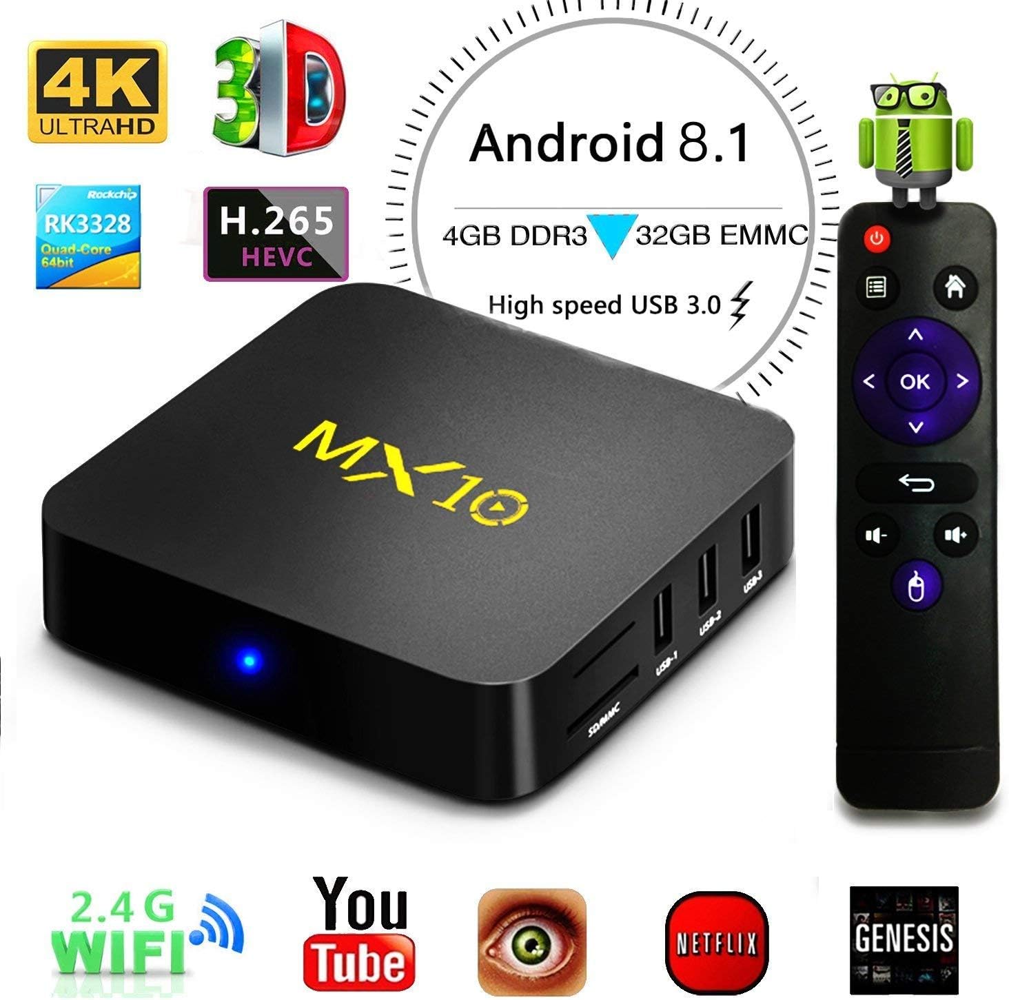 LinStar Android TV Box, 4GB DDR4 +32GB, Smart 4K TV Box Android8.1 Wifi Set Top Boxes Support 3D 4K Ultra HD TV