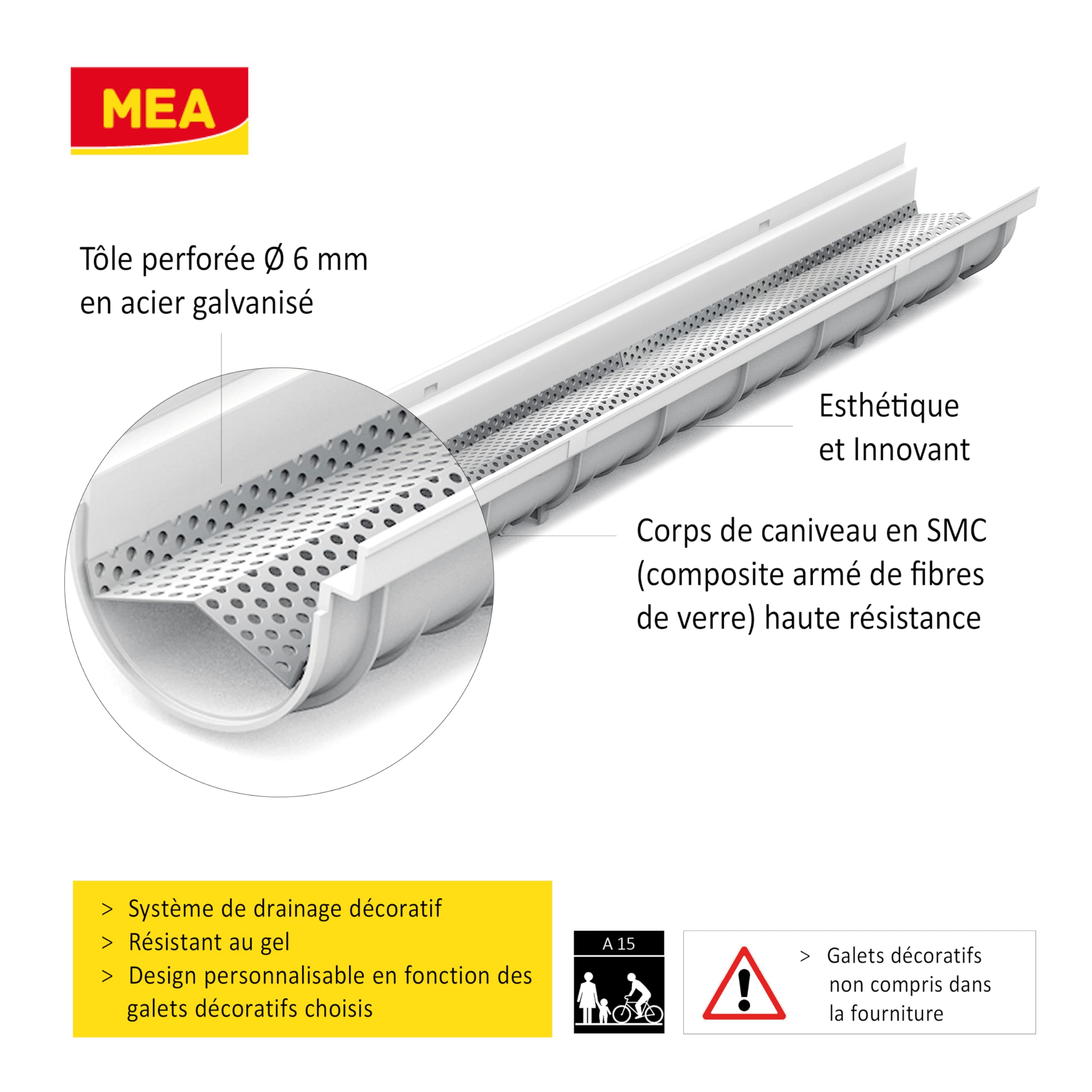 MEA Pack de 3 Caniveaux Extérieurs Décoratifs DECOSTONE – Tôle Perforée en Acier Galvanisé – Évacuation des Eaux ou Passage de Câbles – Passage Piéton – Largeur utile 10 cm