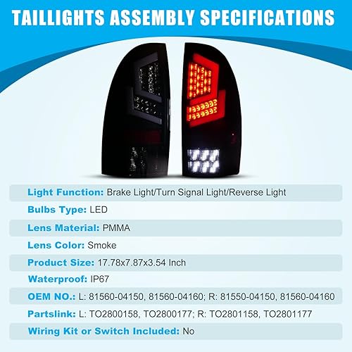 Miniatura 6 de CPW Luces traseras compatibles con Toyota Tacoma Pickup Truck 2005-2015, luces traseras LED laterales izquierda y derecha, luz de señal de giro
