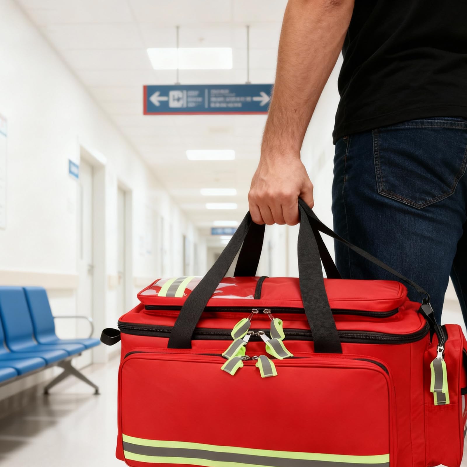 Bolsa médica con ruedas, bolsa de primeros auxilios, caja de emergencia desmontable con compartimentos y tiras reflectantes, para EMT, EMS, enfermeras de salud en el hogar, médicos, color rojo
