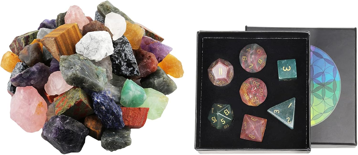 mookaitedecor Bundle - 2 Items: 1 lb Bulk Natural Raw Crystals Rough Stones & 7 PCS Indian Agate Crystal Polyhedral DND Dice Set for Home Decor