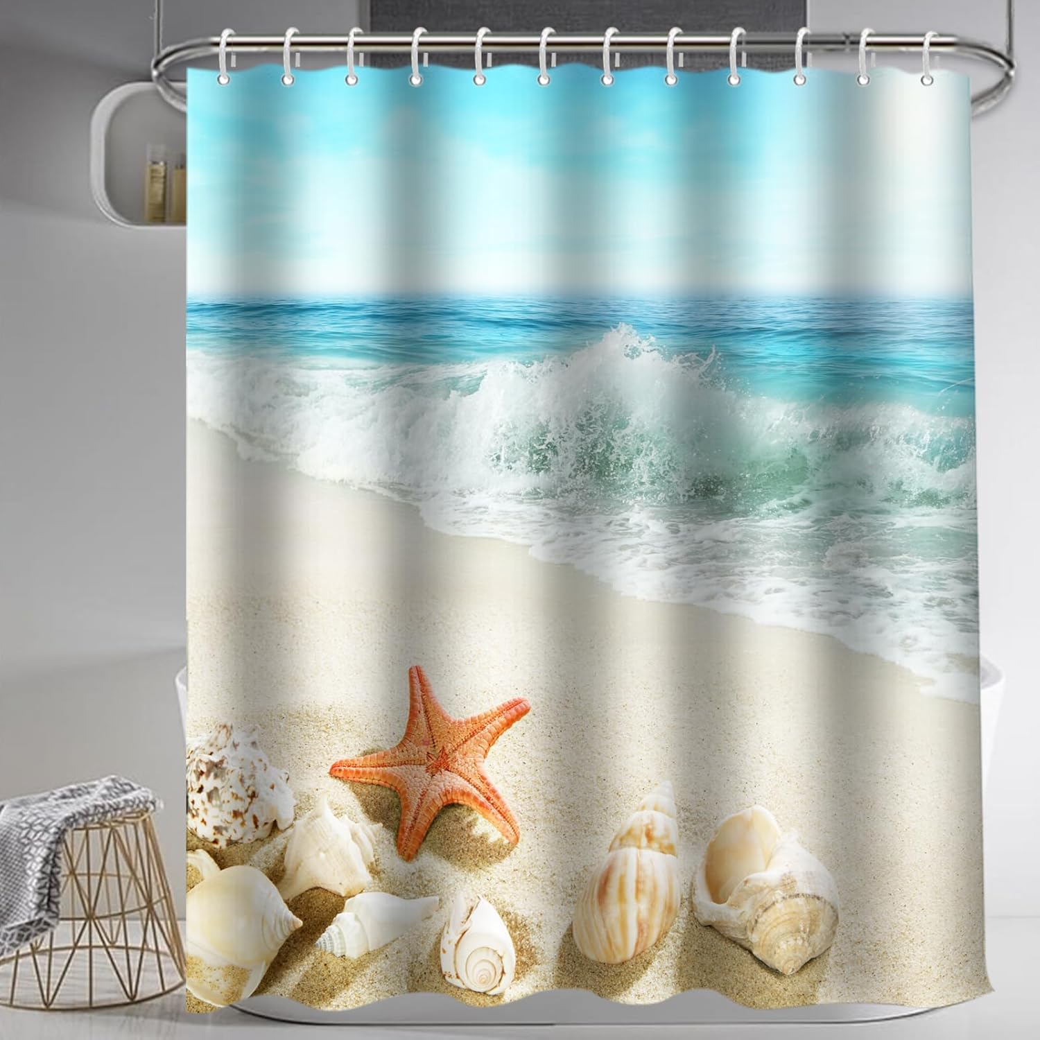 Lnond 4Pcs Summer Beach Bathroom Shower Curtain Sets with Rugs, Sand Starfish Seashell Bathroom Sets with Shower Curtain and Rugs and Accessories