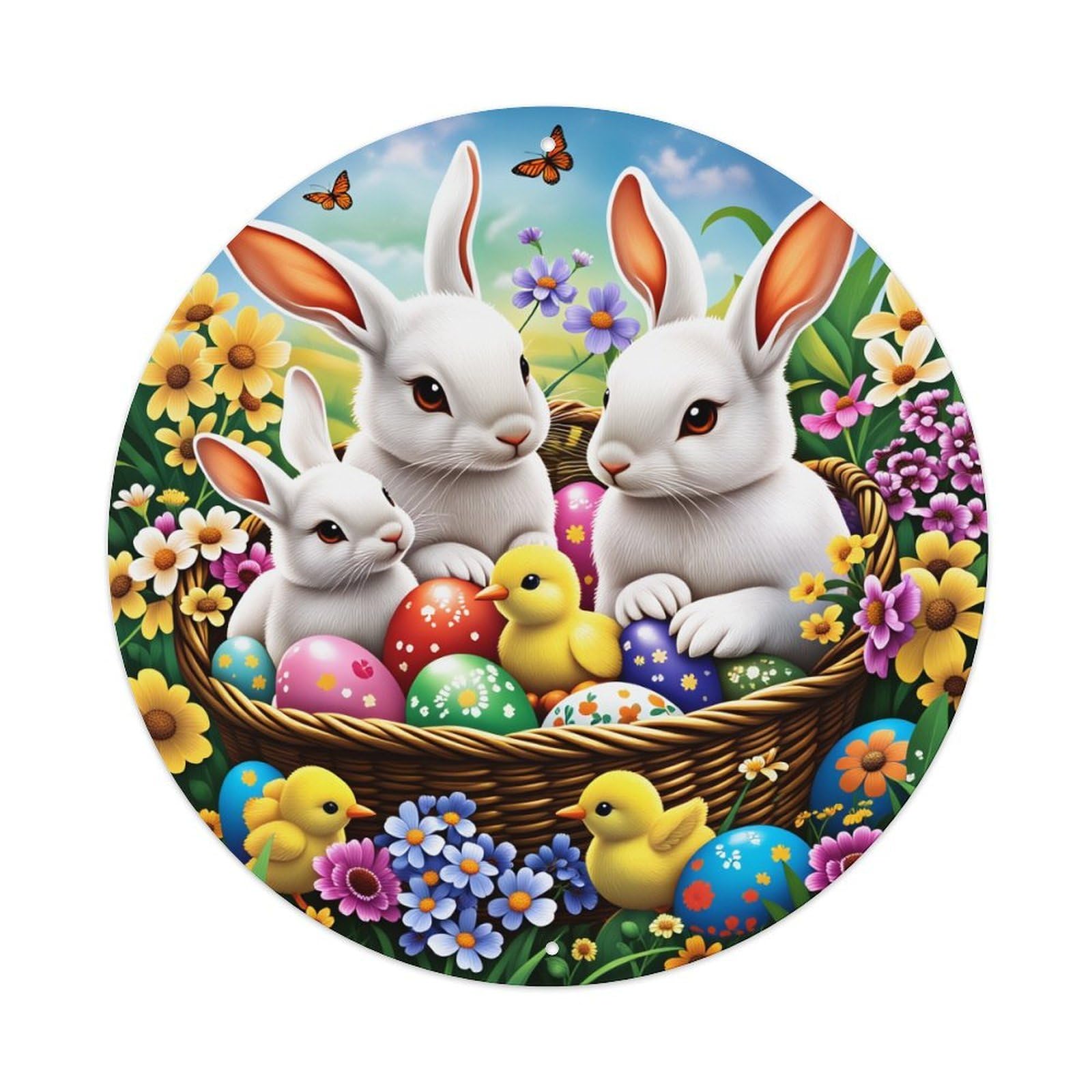Easter Bunnies Eggs Chicks Flowers Round Tin Sign Vintage Metal Poster Retro Bar, Home, Man Cave, Kitchen, Laundry Room Wall Art Decor Gift 8x8Inch