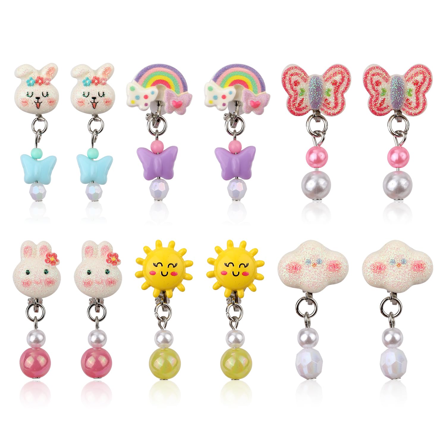 6 Pairs Easter Girl Clip On Earrings, Non Pierced Earrings Set with Ear Pads Cute Bunny Butterfly Rainbow Design Ear Clips for Children Non Perforated Clip on Earring Stud Jewelry for Girls Gift