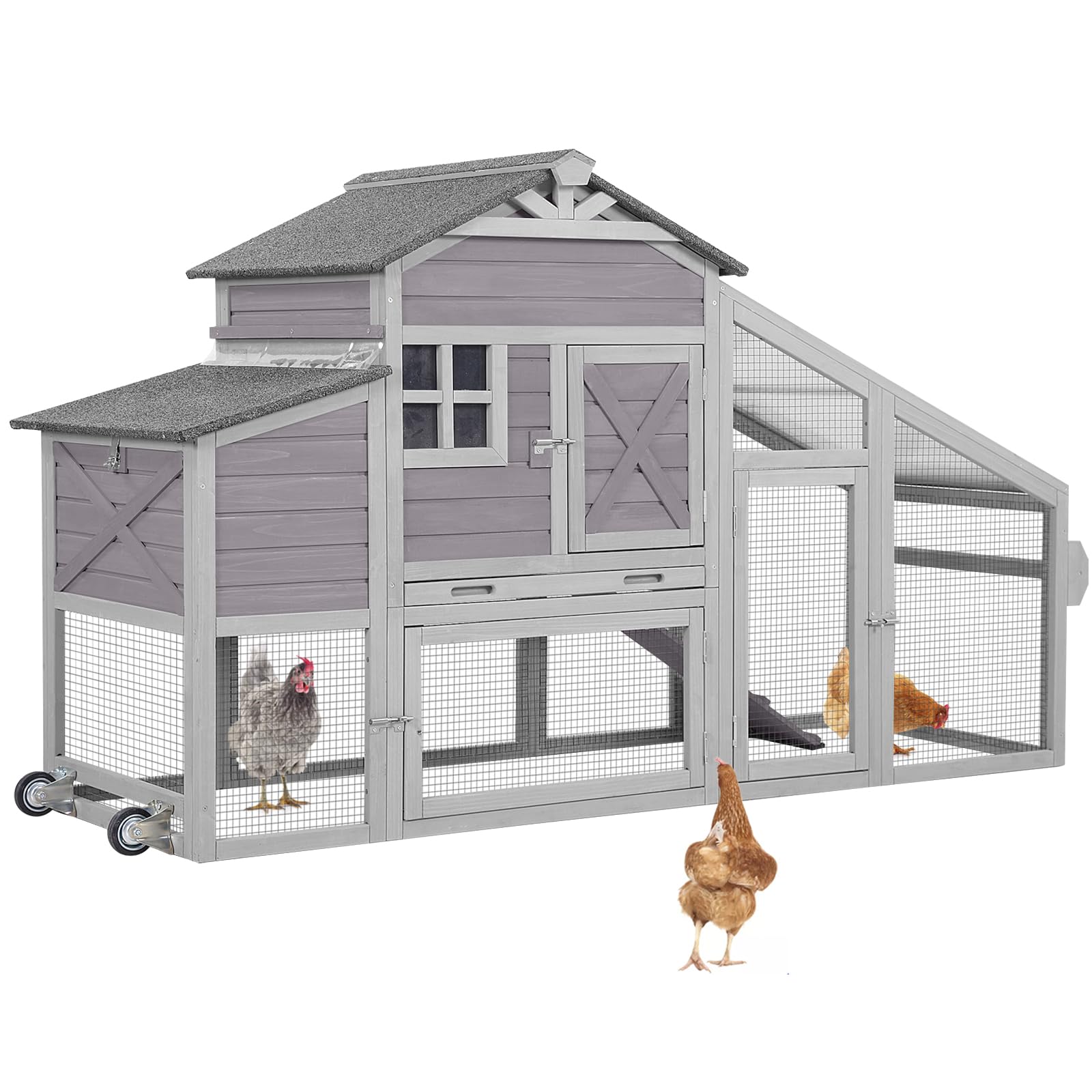 GUTINNEEN Chicken Coop Mobile Hen House with Nesting Box Outdoor Rabbit Hutch Poultry Cage 73.4" with Wheel for 2-4 Chickens,Grey