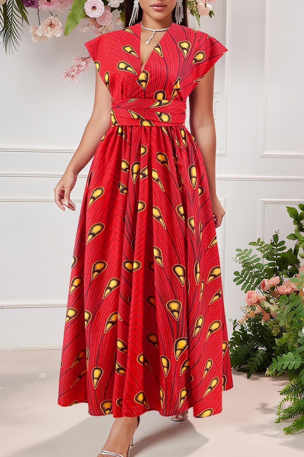 Vimoisa Women Sexy Boho African Long Maxi Dress V-Neck Multi-Way Pleated Floral Print Dresses - Image 3