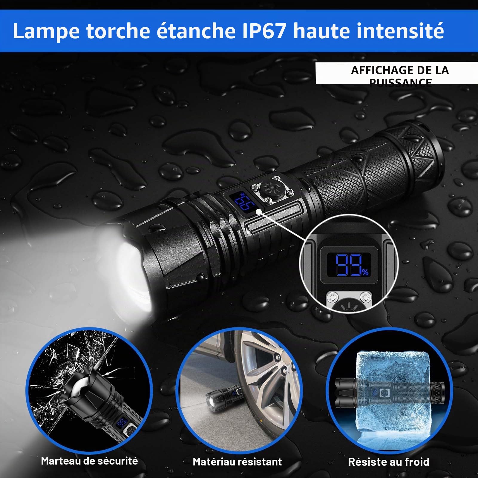 JAY-PARK Lampe de poche LED rechargeable 10 000 lumens, lampe de poche super lumineuse avec affichage numérique de la puissance et zoomble, lampes de poche haute luminosité rechargeables pour le