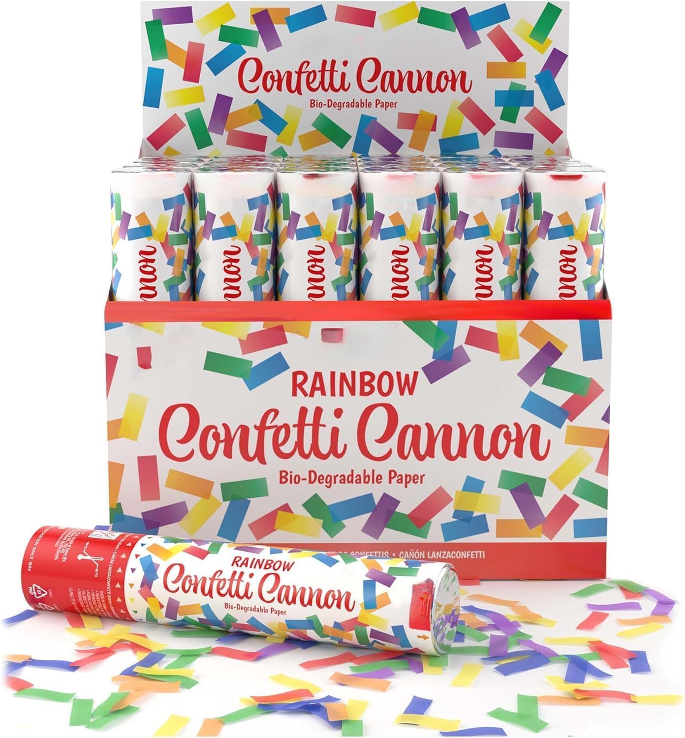 B4E Rainbow Confetti Cannon, Biodegradable Paper, 20 and 50cm, Party Popper for Weddings and Celebrations (6 Pack, 20cm)