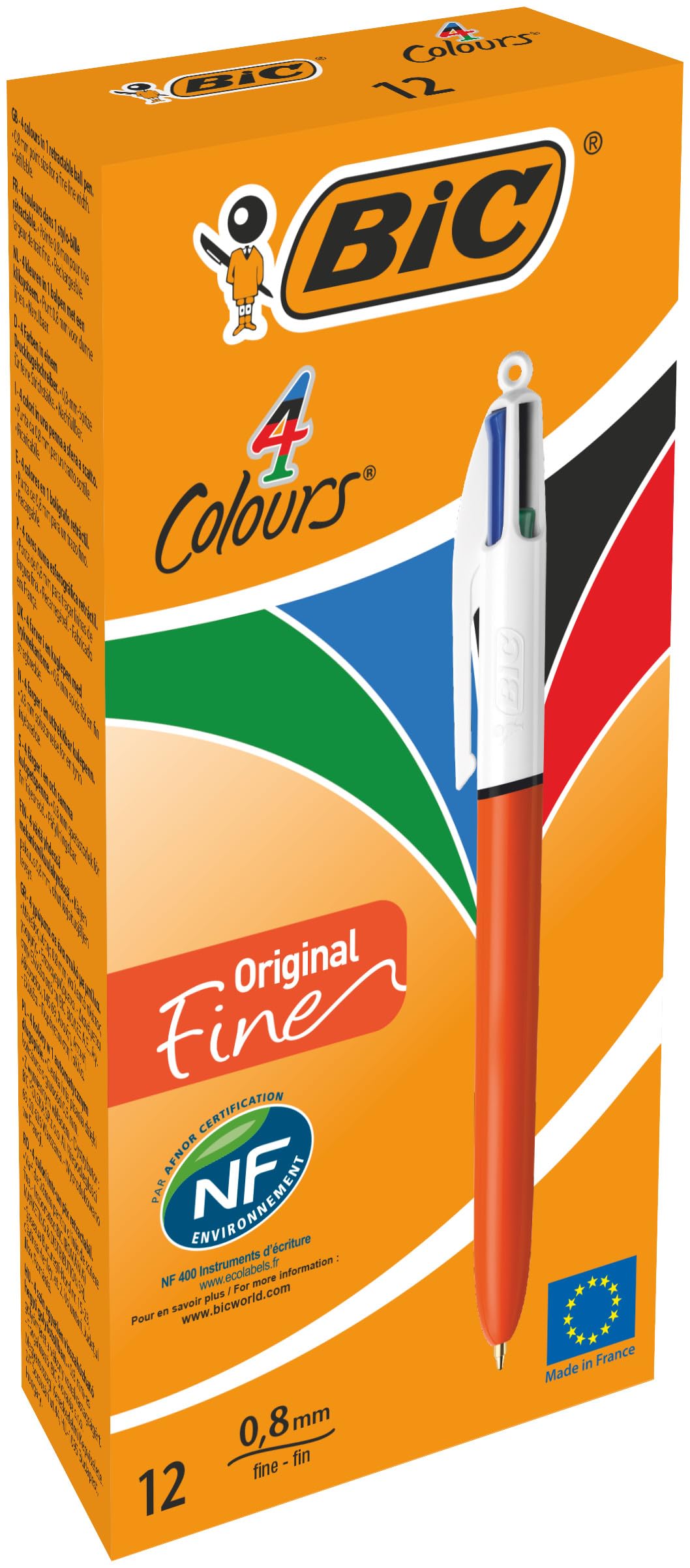 Bic Bolígrafos Línea Fine - Caja de 12 en 4 Colores, 0.8 mm, Rojo, Negro, Verde y Azul Original - Ideales para Escribir