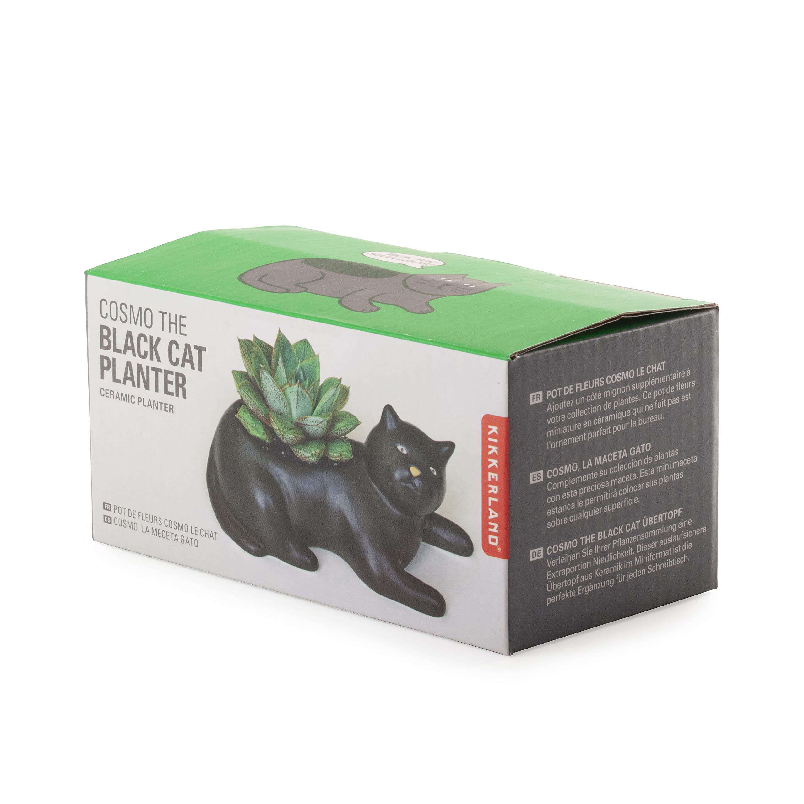 Kikkerland Cosmo - Vaso in porcellana con gatto nero, per piante grasse, erbe, piante da interno ed esterno, decorazione per la casa e il giardino