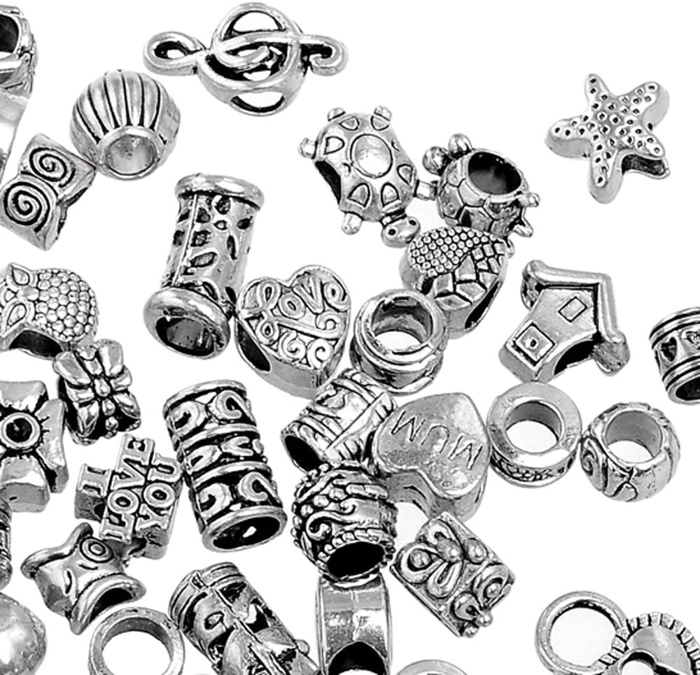 RUBYCA 50Pcs Tibetan Silver Color Metal Charm Beads Assortment Mix Designs for Jewelry Making