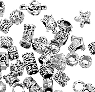 RUBYCA 50Pcs Tibetan Silver Color Metal Charm Beads Assortment Mix Designs for Jewelry Making