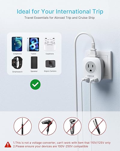 Miniatura 6 de Adaptador de enchufe de viaje para Italia, adaptador de corriente VINTAR US a Italia con 2 tomas de corriente estadounidenses, 3 puertos USB y 1 USB