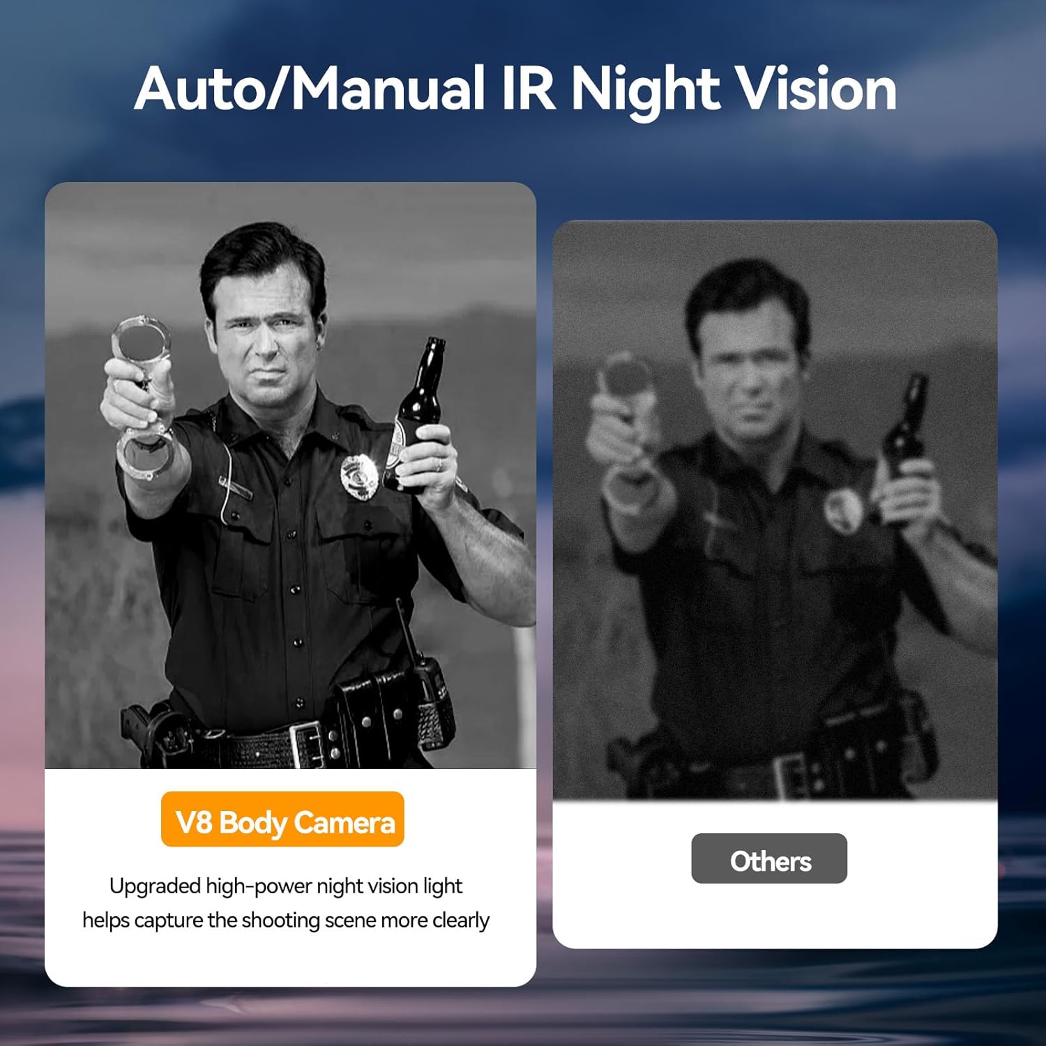 Comparison of CAMMHD V8 Body Camera night vision versus another camera, showing superior clarity in low light.