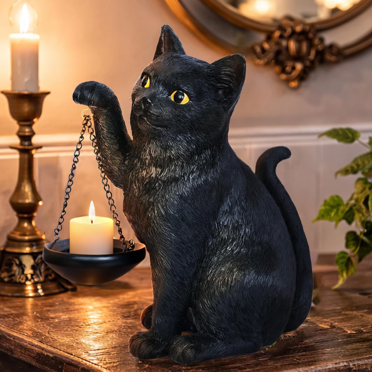 Gothic Black Cat Lamp with Tealight Candle Holder Cat Statue Halloween Decorations Indoor Gothic Home Decor for Living Room Tabletop Shelf Bedroom Unique Goth Witchy Gifts Decor