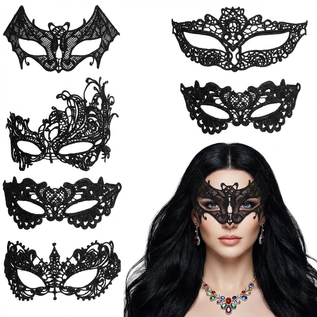 ALLGAYER 6 Pcs Masquerade Mask for Women Men, Black Venetian Party Eye Mask, Elegant Halloween Costume Mask, Durable Fancy Dress Accessories for Prom Carnival Mardi Gras Ball