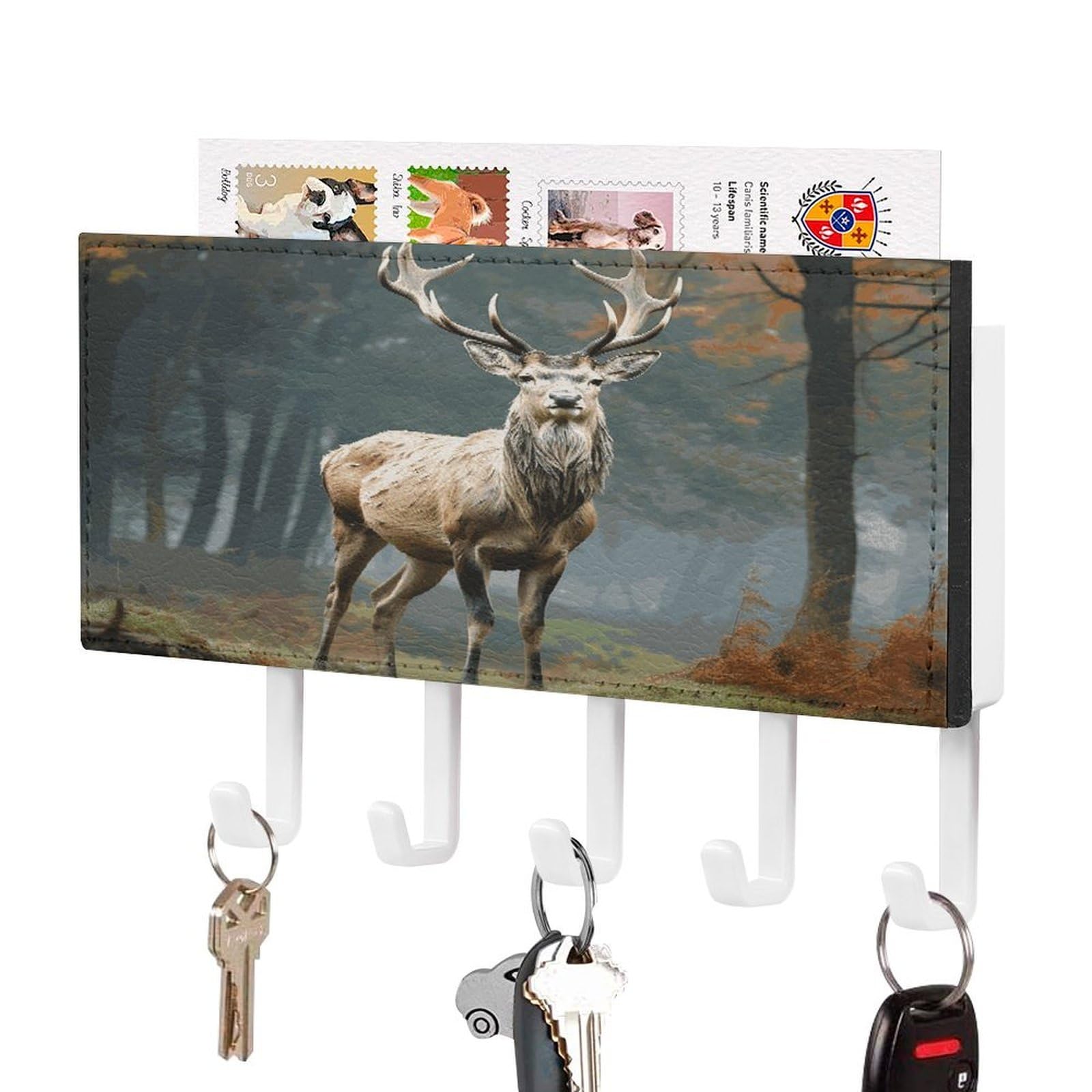 JTREHY Deer Animals Key Holder Wall Mount Decorative Key and Mail Holder PU Leather Adhesive Key Organizer Hanging Key Hooks Wall Shelf with 5 Hooks for Entryway Hallway Office