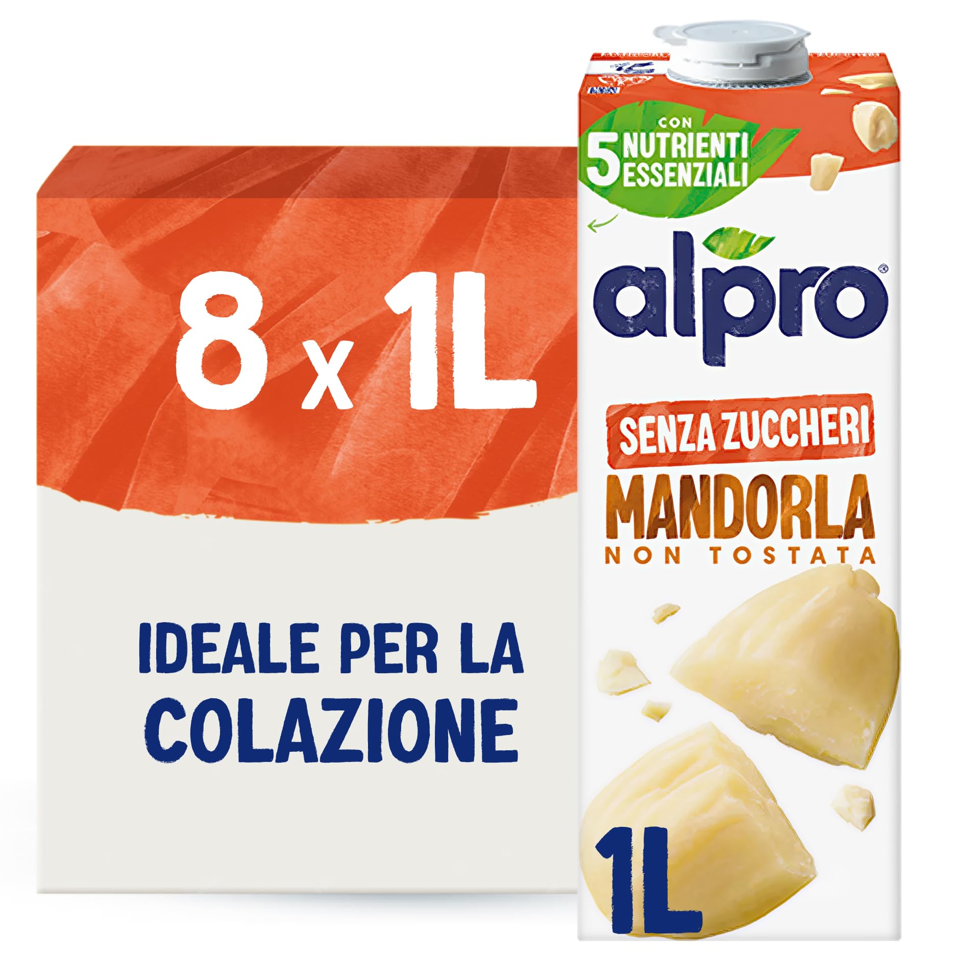 ALPRO SENZA ZUCCHERI, Bevanda alla MANDORLA, Naturalmente Senza Lattosio, con Vitamine B2, B12, D2, E - 8 confezioni x 1 Litro