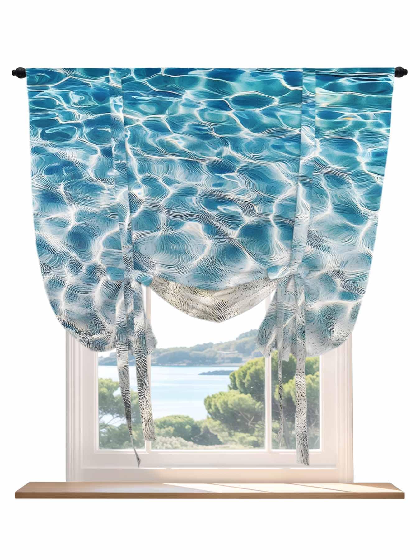 Tie Up Curtains for Windows Blue Ocean Roman Shade 46 x 63 Inch Bathroom Curtain Window Summer Water Ripple Sea Waves Texture Rod Pocket Short Balloon Curtains for Living Room Kitchen Small Blinds
