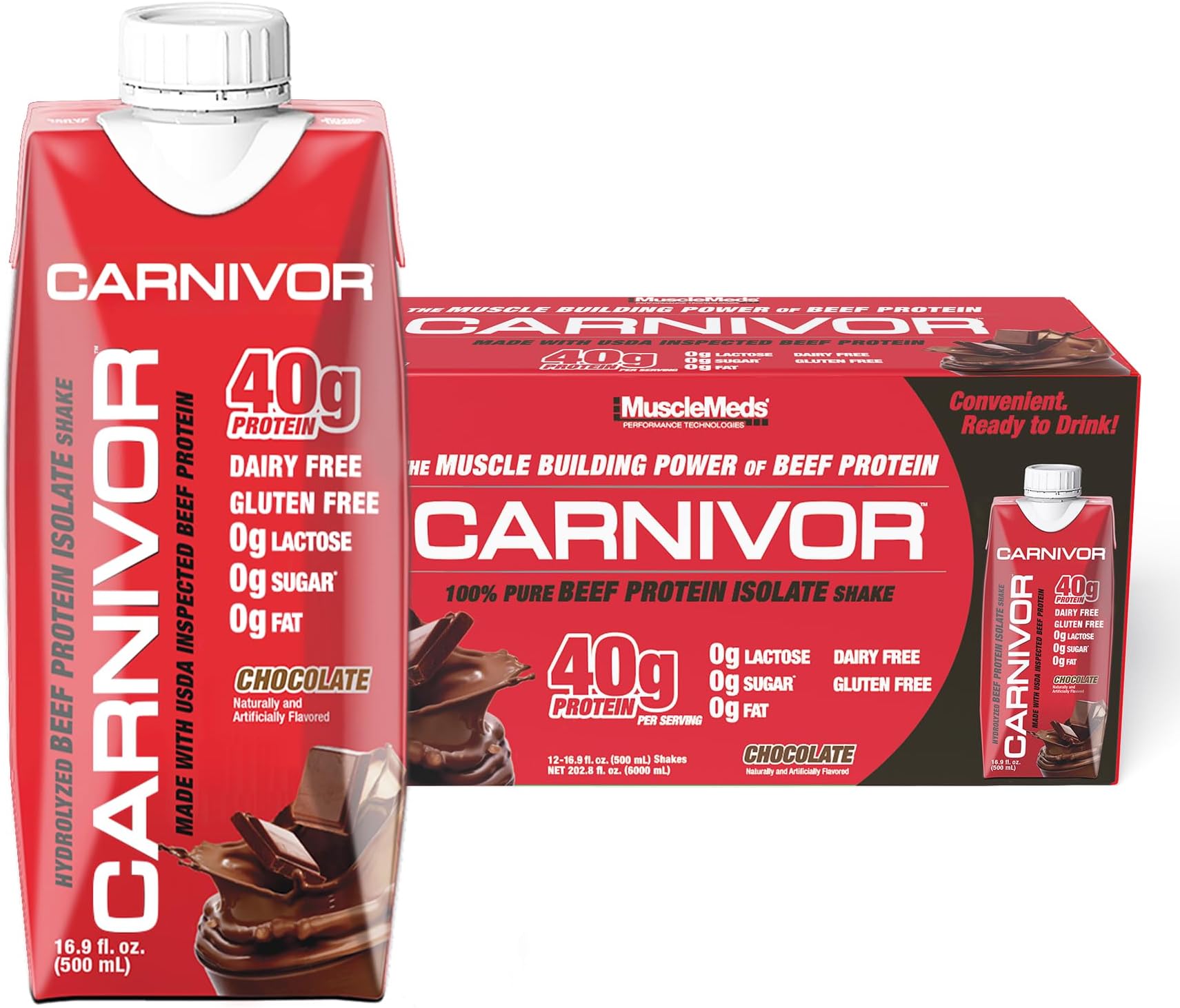 MuscleMeds Carnivor Ready to Drink Protein, Chocolate 16.9 Fl Oz (Pack of 12)