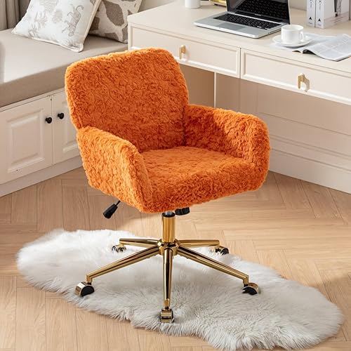 Miniatura 12 de Goujxcy Silla de escritorio esponjosa, silla de tocador de piel sintética, silla giratoria de oficina para niñas y mujeres, altura ajustable, lindas