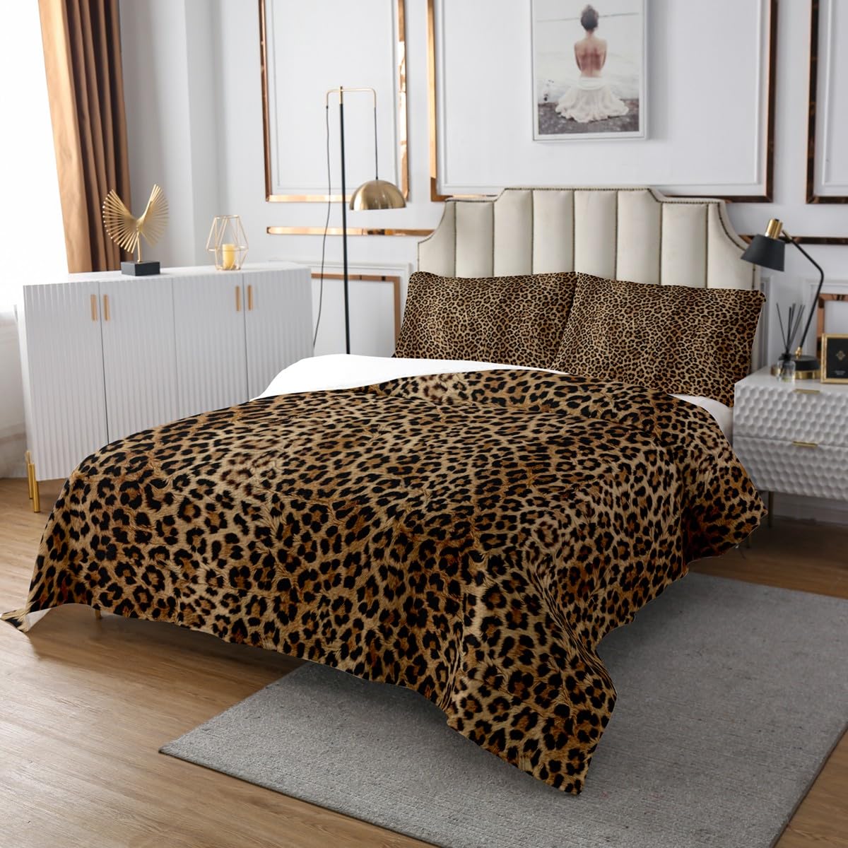 Loussiesd Leopard Tagesdecke 220x240cm, Geparden Print Bettüberwurf für Kinder Jungen Mädchen Tier Doppelbett Gesteppt Safari Wohndecke mit 2 Kissenbezüge