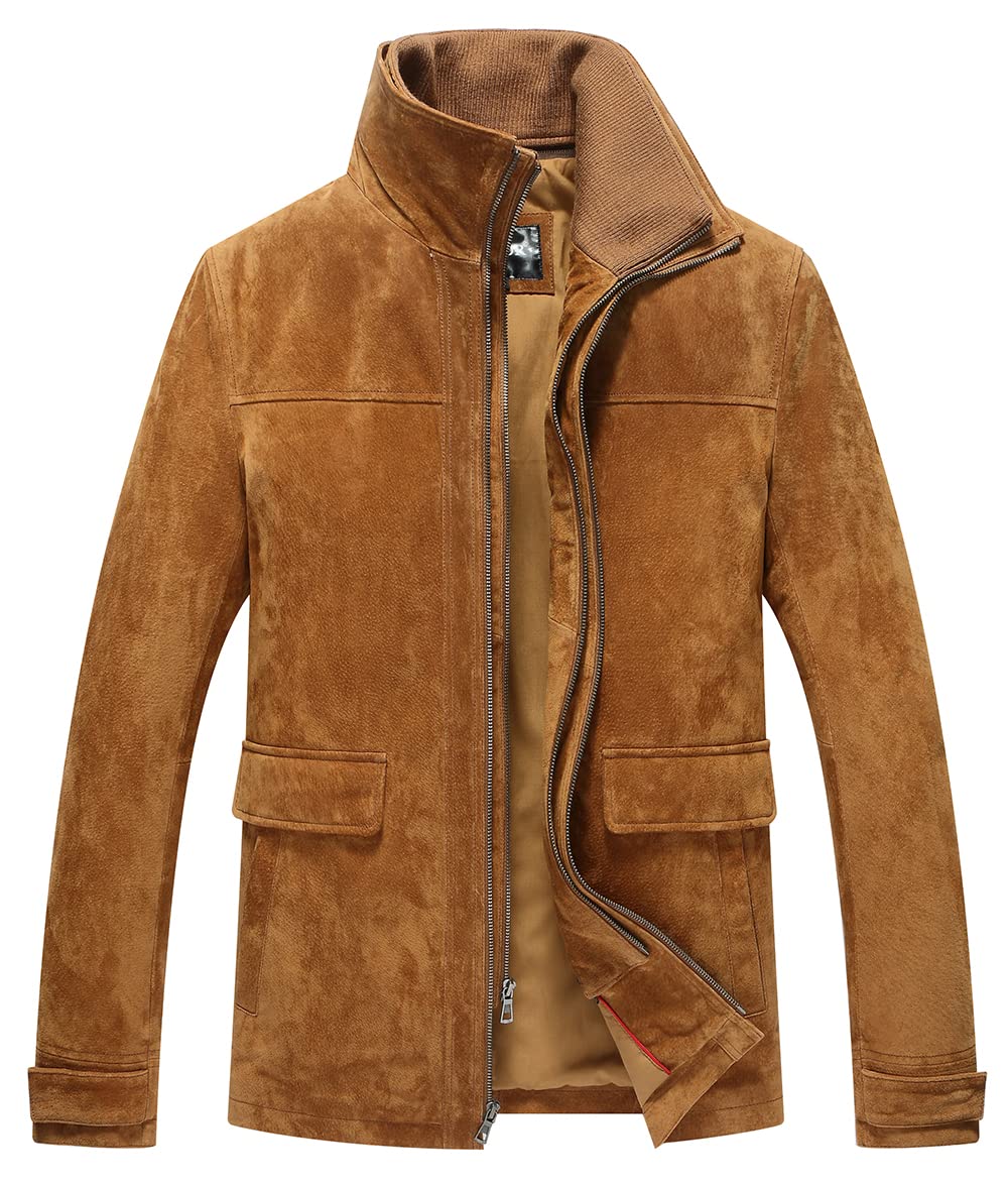 Photo 1 of FLAVOR Men's Classic Leather Jacket Suede Winter Coat with Removable Collar (Large, Brown)