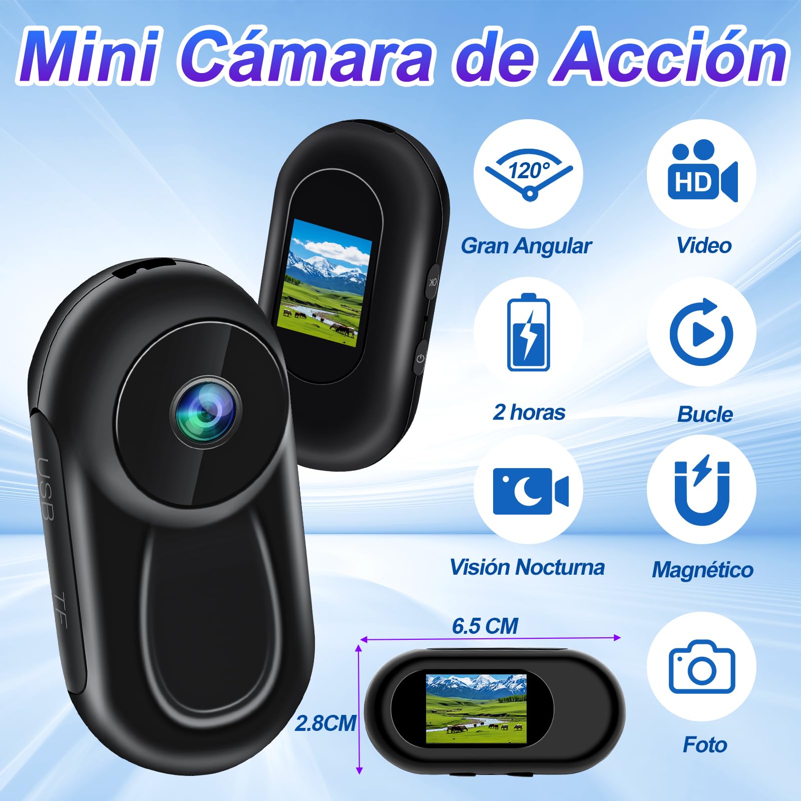 TANGMI Camara Deportiva Mini, Soporte Magnético Action CAM 360, Pantalla Integrada Camara Moto 360, 1080P Gran Angular 120° & Visión Nocturna, Ciclismo, Senderismo, Aventuras al Aire Libre