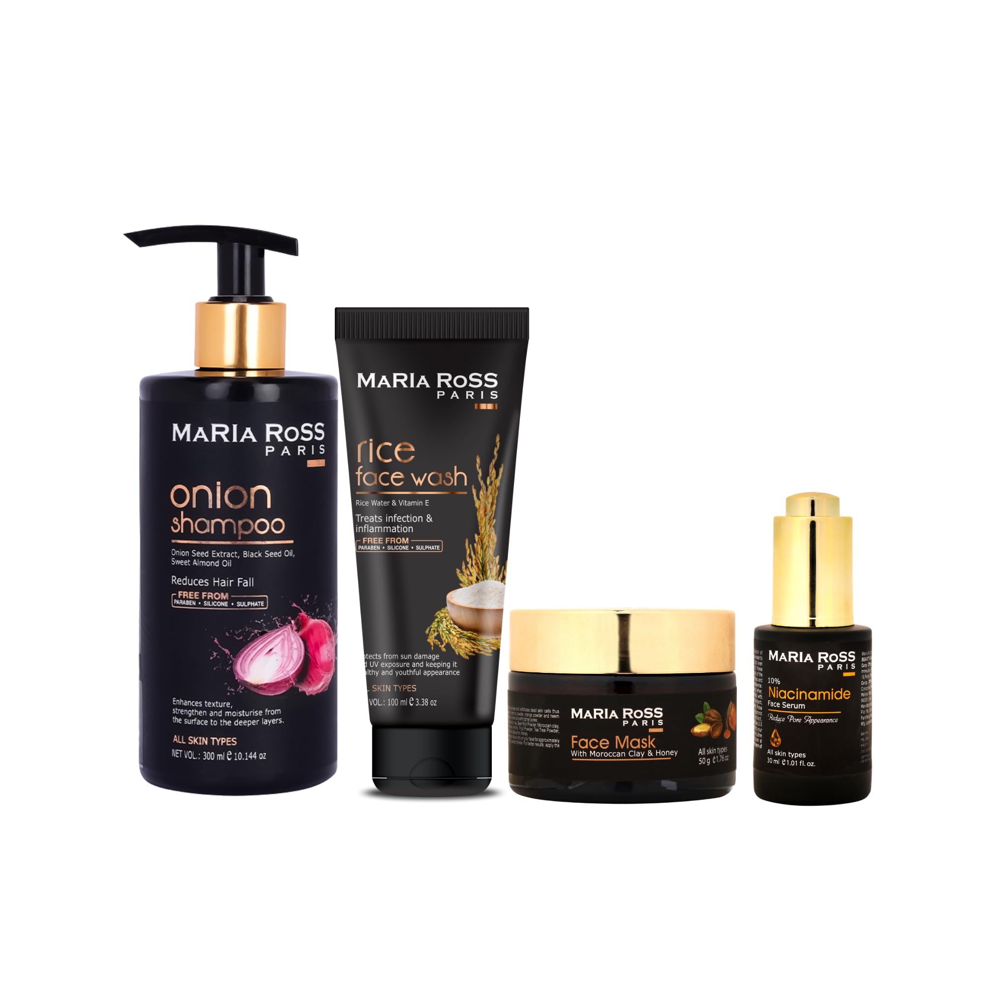 Maria Ross Ultimate Beauty Kit – Onion Shampoo, Rice Water Face Wash, Niacinamide 10% Serum & Face Pack Combo | Hair Fall Control, Skin Brightening & Deep Cleansing Routine | Pack of 4-image-30