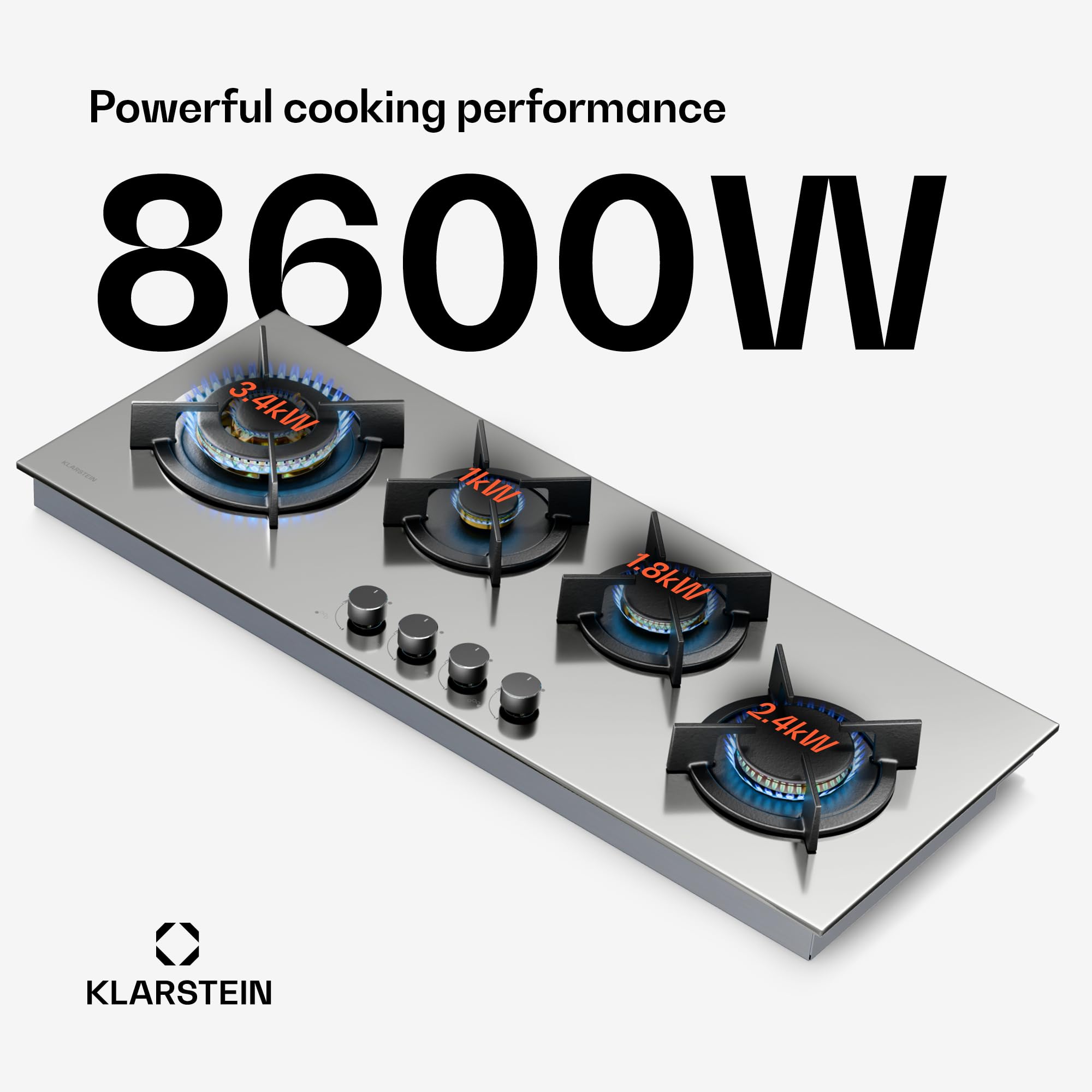 Klarstein Goldflame 4 Slim Płyta gazowa, 4 palniki mosiężne, 3,4kW, 2,4kW, 1,8kW, 1kW, Zapłon SnapJet, Zabezpieczenie przeciwwypływowe, Kuchenka z żeliwnymi krzyżakami, Stal, W zestawie wąż i reduktor