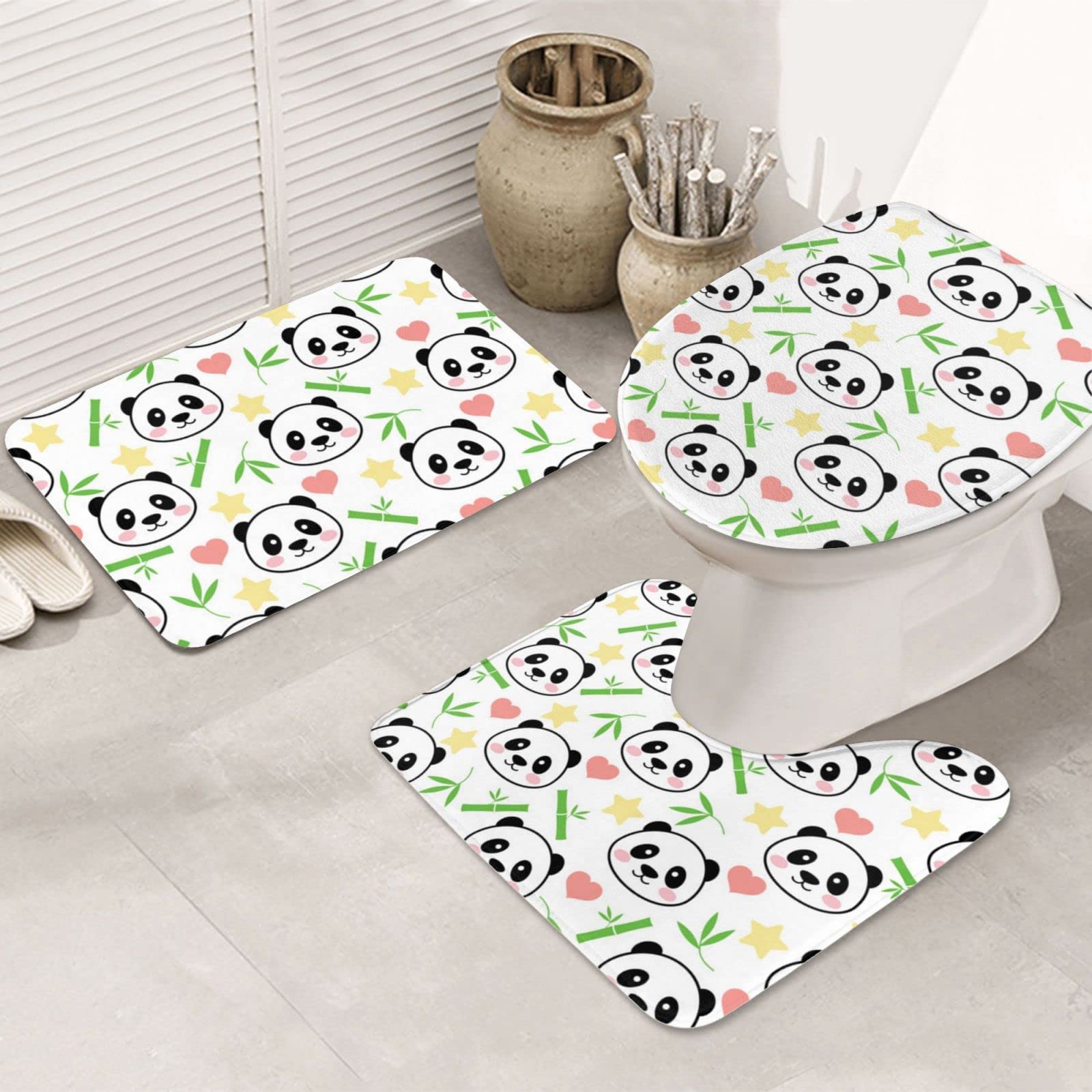 Set di 3 tappetini da bagno in flanella morbida antiscivolo con motivo a stella di bambù, con coperchio, decorazione per la casa