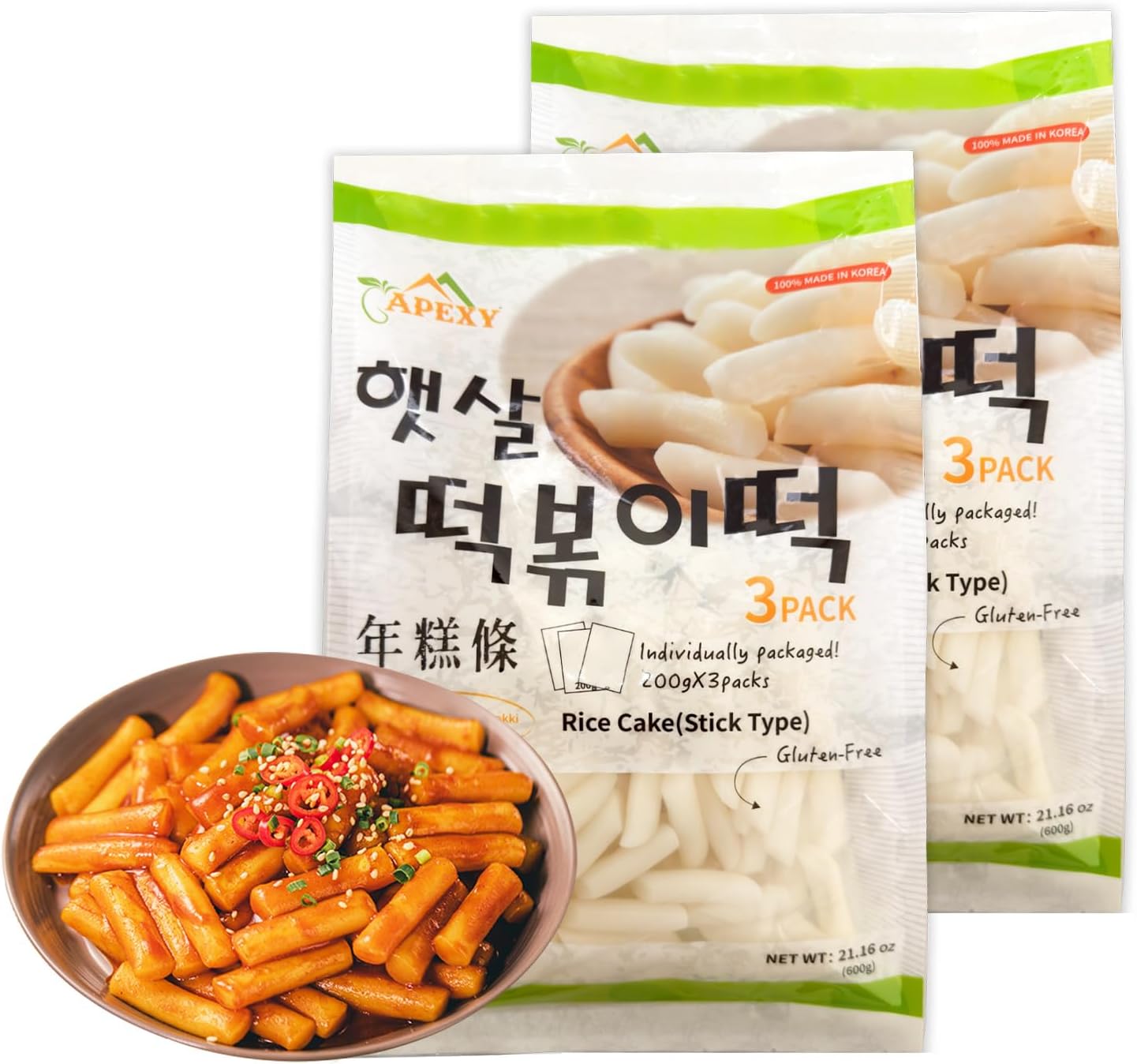 APEXY Korean Rice Cakes for Tteokbokki, Authentic Chewy Korean Rice Cake Sticks, Gluten Free, Vegan, Non-GMO Topokki Rice Cakes for Asian Cooking & Spicy Rice Cake Recipes, 21.16 oz Pack of 2