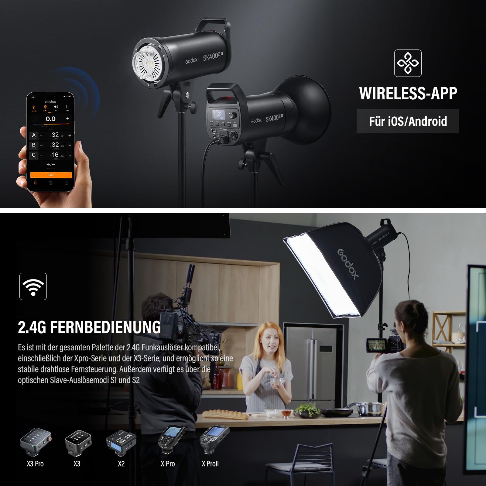 Godox 2Pack SK400IIIV 400Ws LED-Videoleuchtenset 5700±200K Dauerlicht-Set mit Lampenstativ Softbox mit Gitter Bowens-Mount Standardreflektor für Studio Videoaufnahme Livestreaming Podcast (2 Stück)