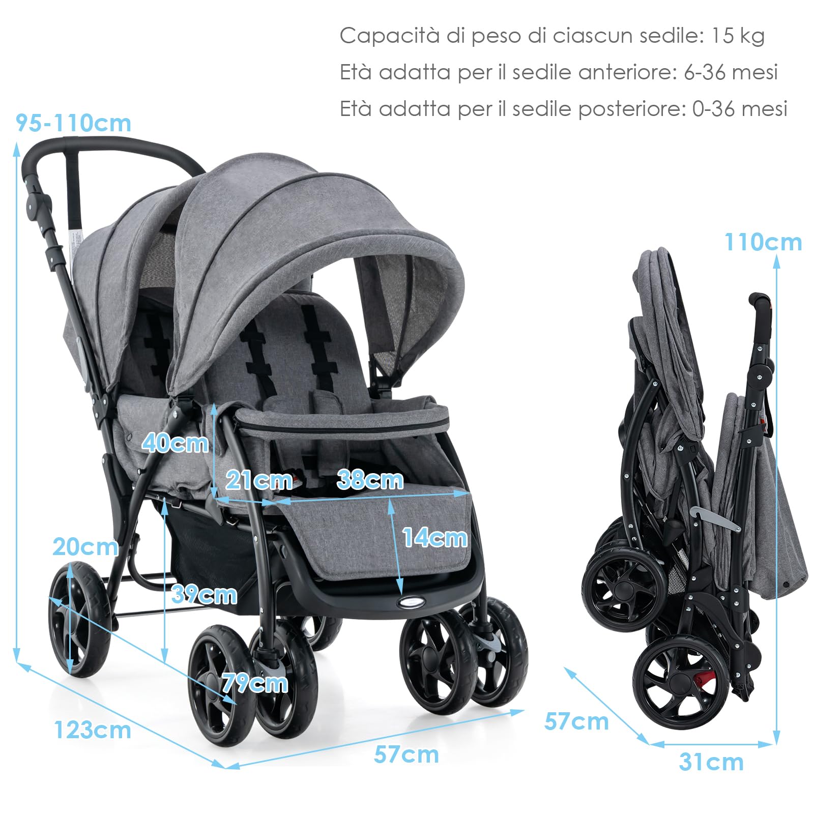 GYMAX Passeggino Gemellare Doppio/Fratelli di Età Diverse, Pieghevole Leggero, Tendalino/Schienale Regolabili, Portata di 15kg+15kg (Grigio, Verticale)