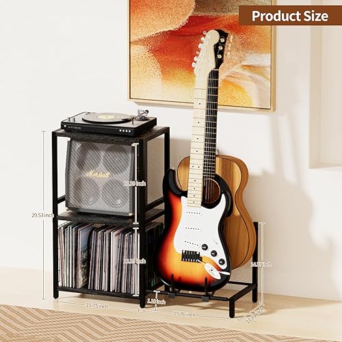 Miniatura 3 de End Table with Guitar Stand,Record Player Stand,Vinyl Records Storage,2-Tier Guitar Stand for Acoustic, Electric Guitar,Bass,Turntable Stand Side