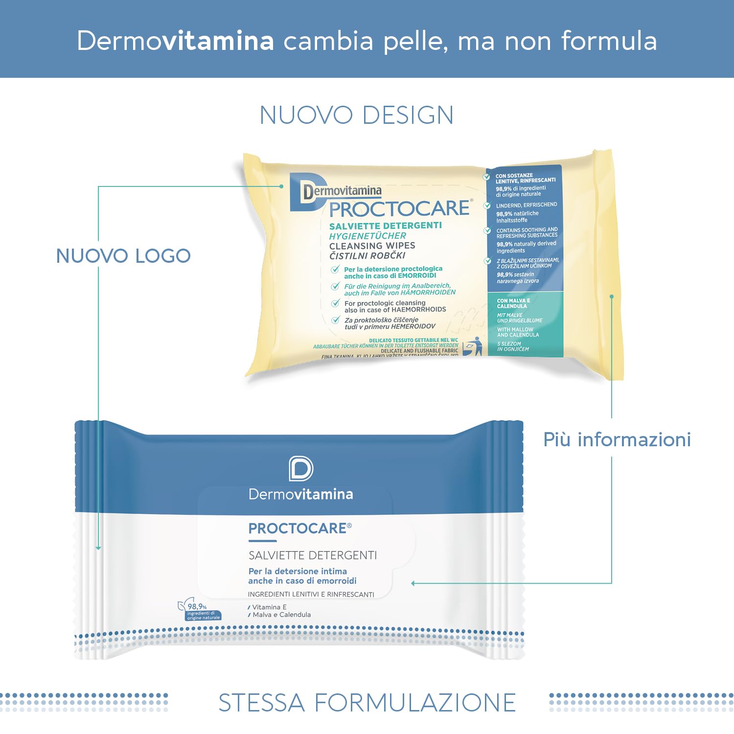 Proctocare Salviette Detergenti Dermovitamina Igiene Intima Trattamento Emorroidi Malva Calendula Tessuto Biodegradabile 15 pz