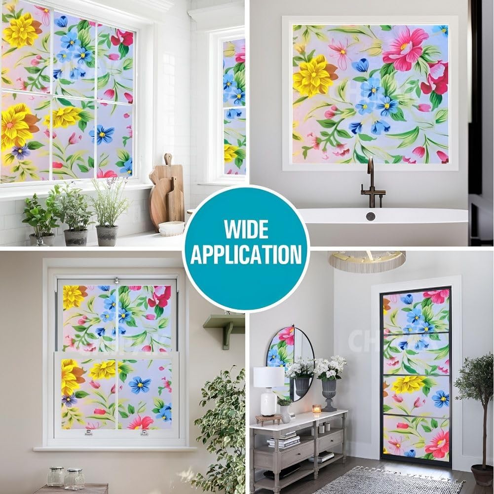 CHIPAK Premium Vinyl Privacy Stained Window Glass Film (16x36 Inch) - Self-Adhesive Decorative Sticker Opaque Sheet Tint Wallpaper for Glass Cover Window, Door, Office, Home.| Anti-UV. Peppy Flowers — Amazon image 5
